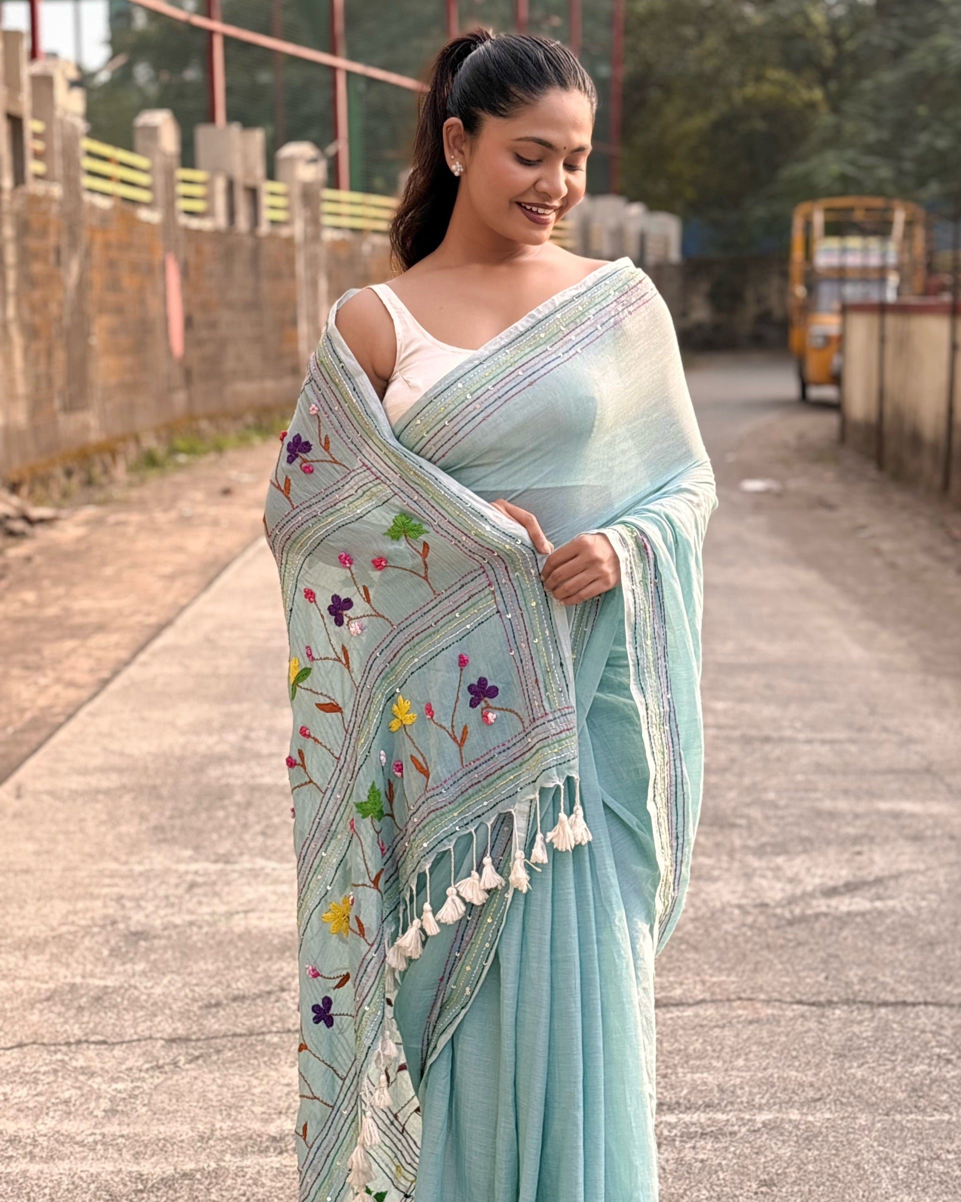 Hand embroidered cyan mulmul cotton saree for summer and daily wear