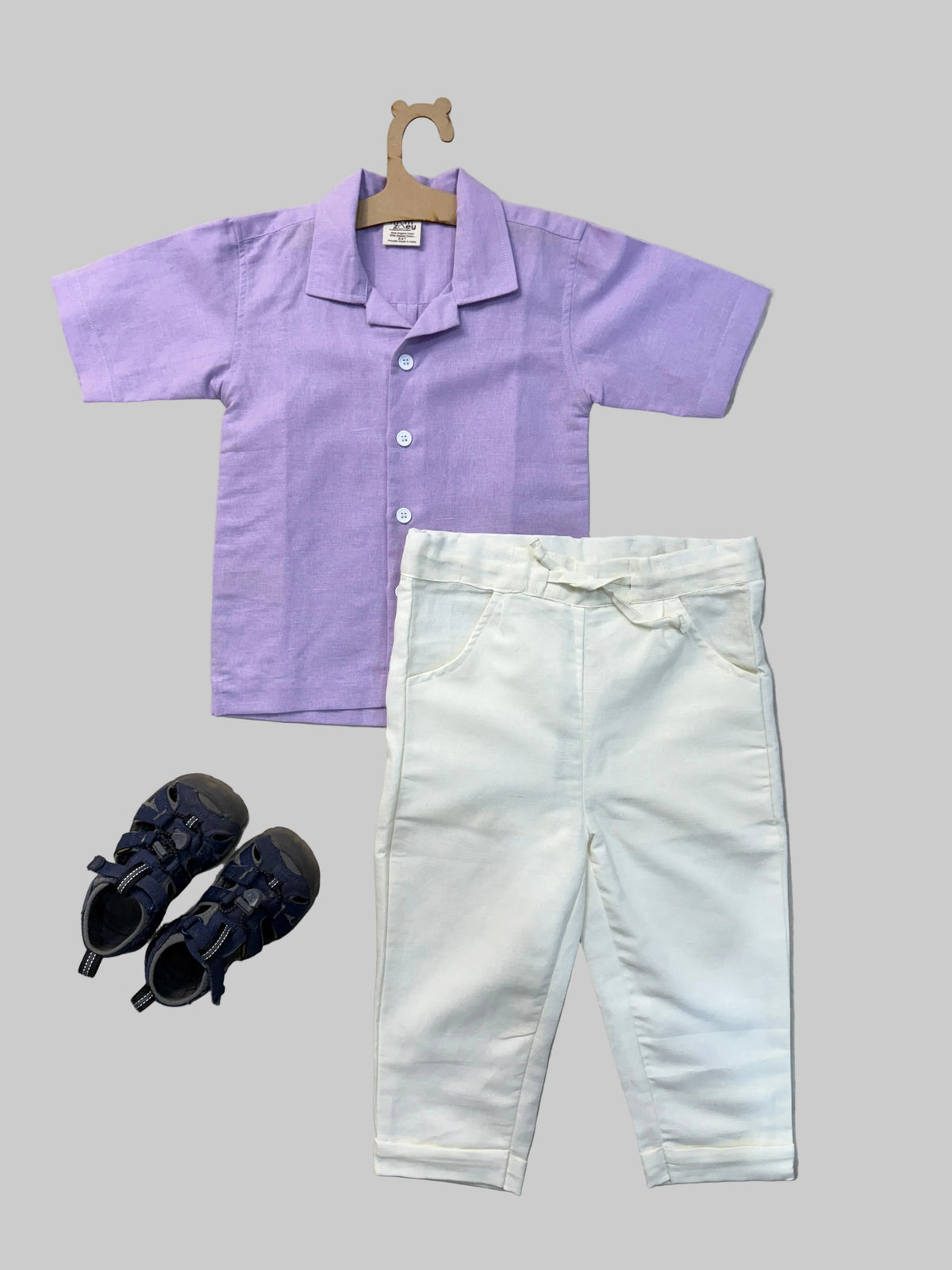 Milan organic cotton-linen boys shirt front view in soft lilac with button placket
