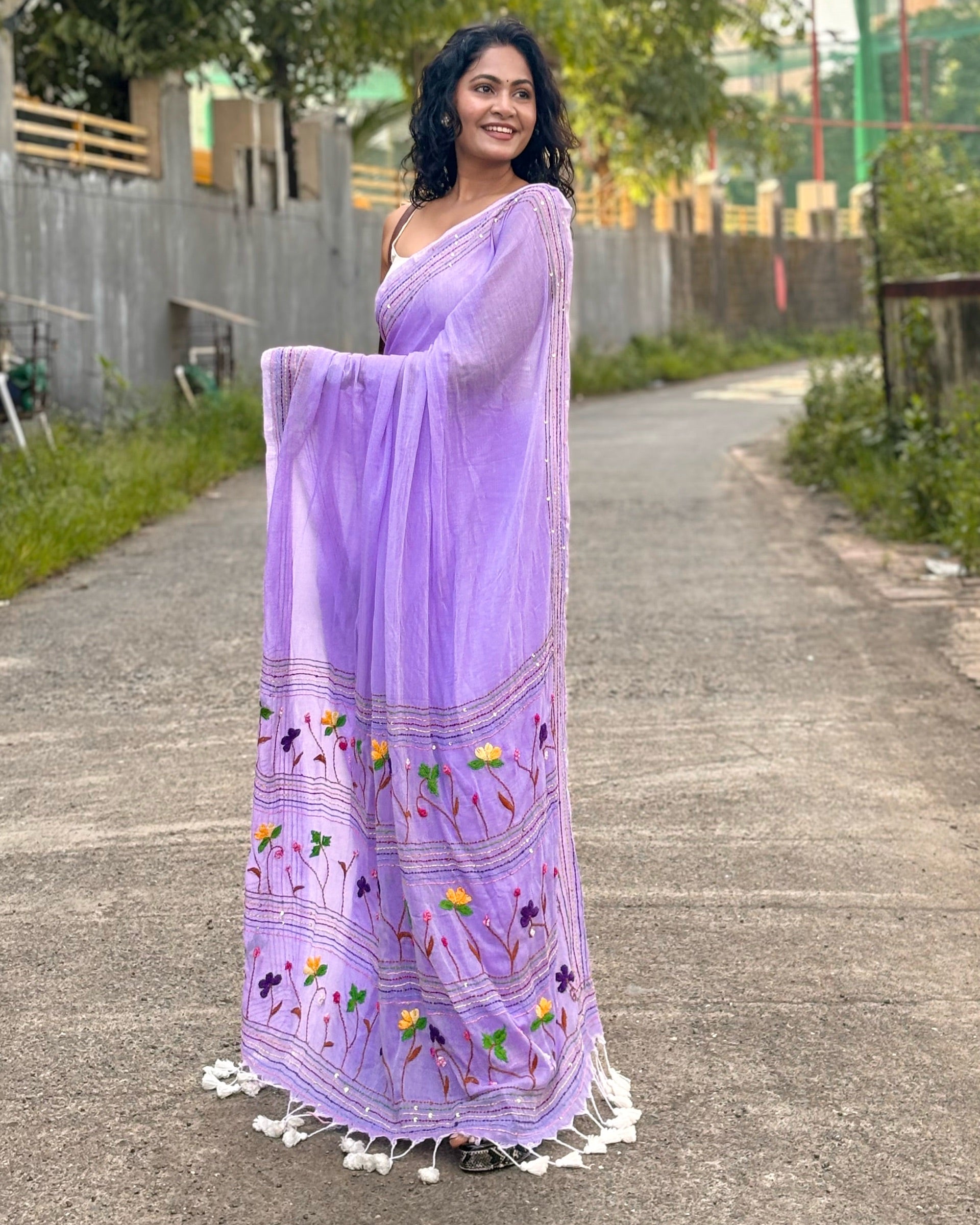 Soft mauve mulmul saree with delicate embroidery lightweight cotton saree