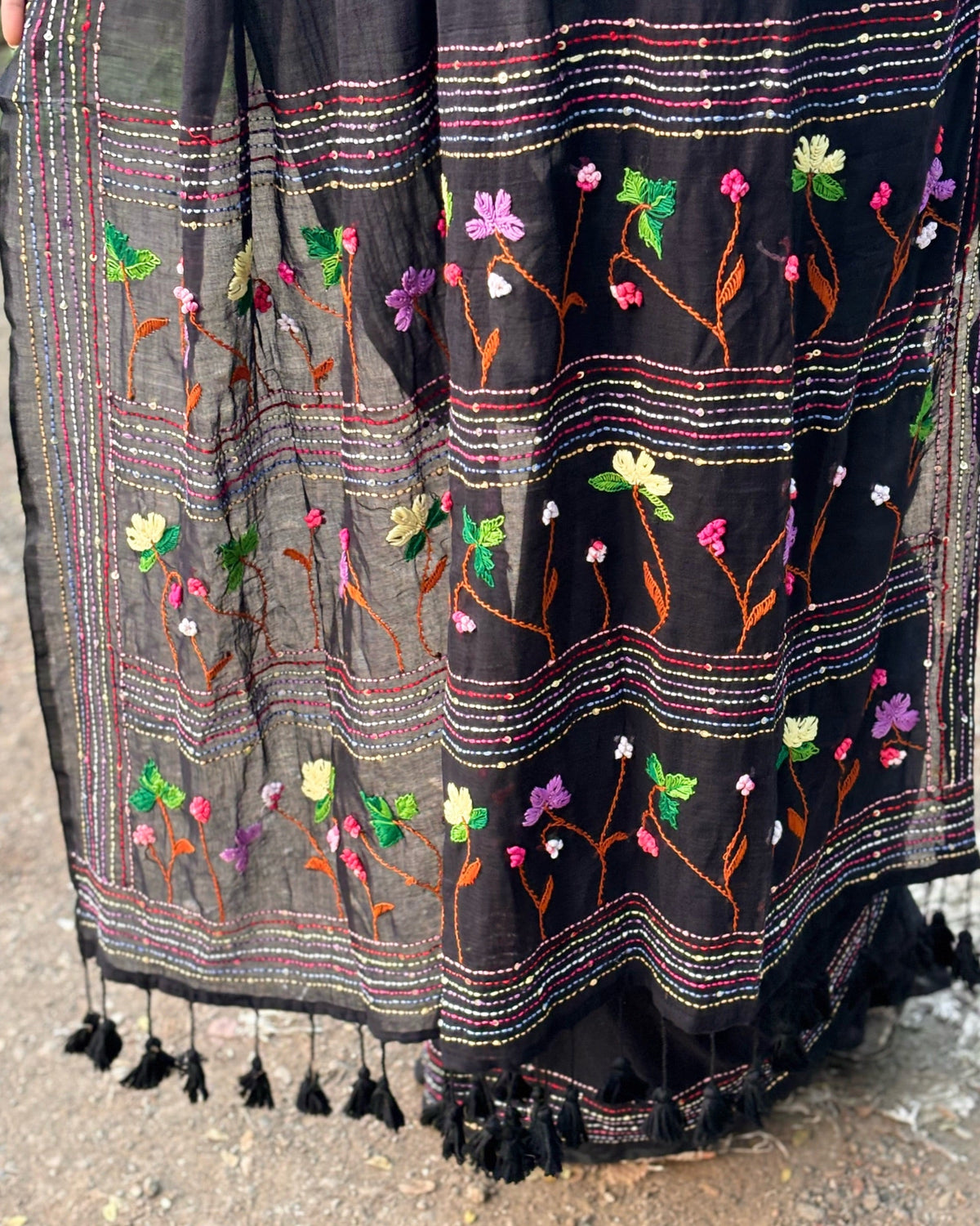 Elegant drape of Noir Petal Nocturne black mulmul saree with floral embroidery