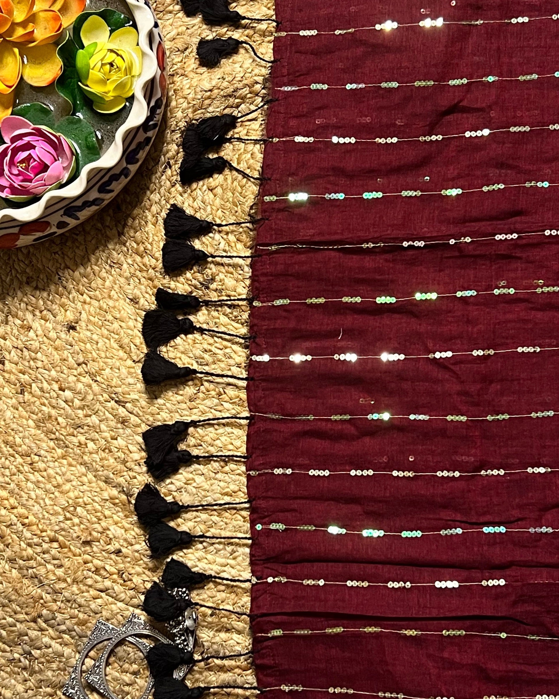 Patakha Sequins Embellished Maroon Mulmul Cotton Saree by Shop Aame