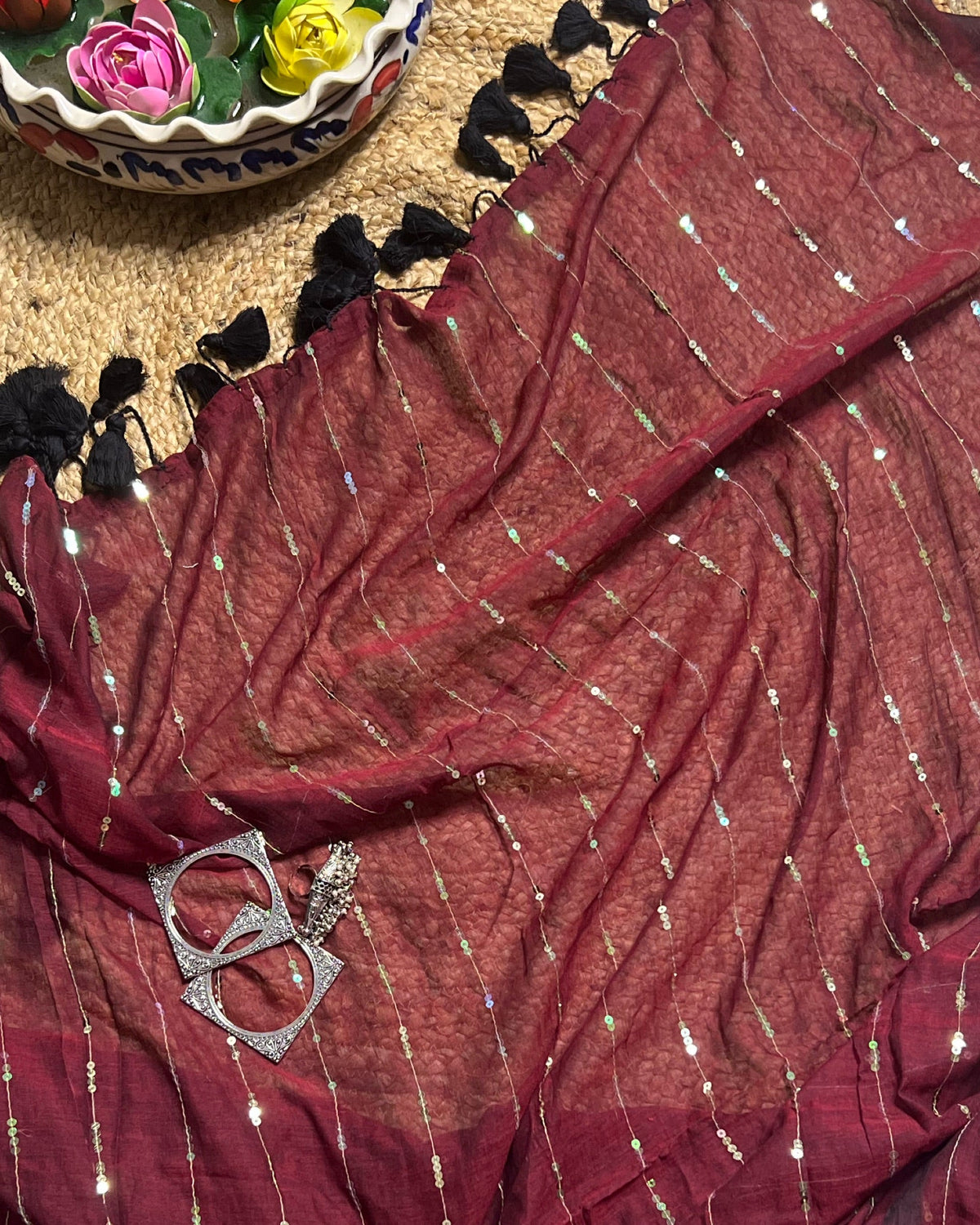 Shop Aame Patakha saree in soft maroon mulmul cotton with sequin work