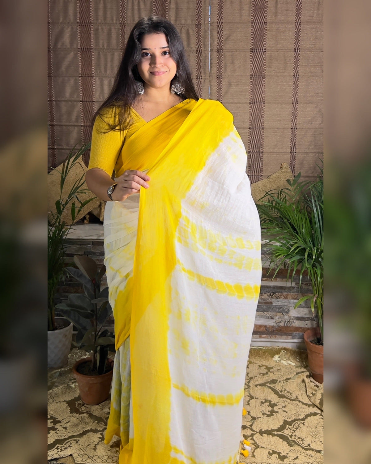 Golden Sandune mulmul cotton saree with handcrafted Shibori-style patterns