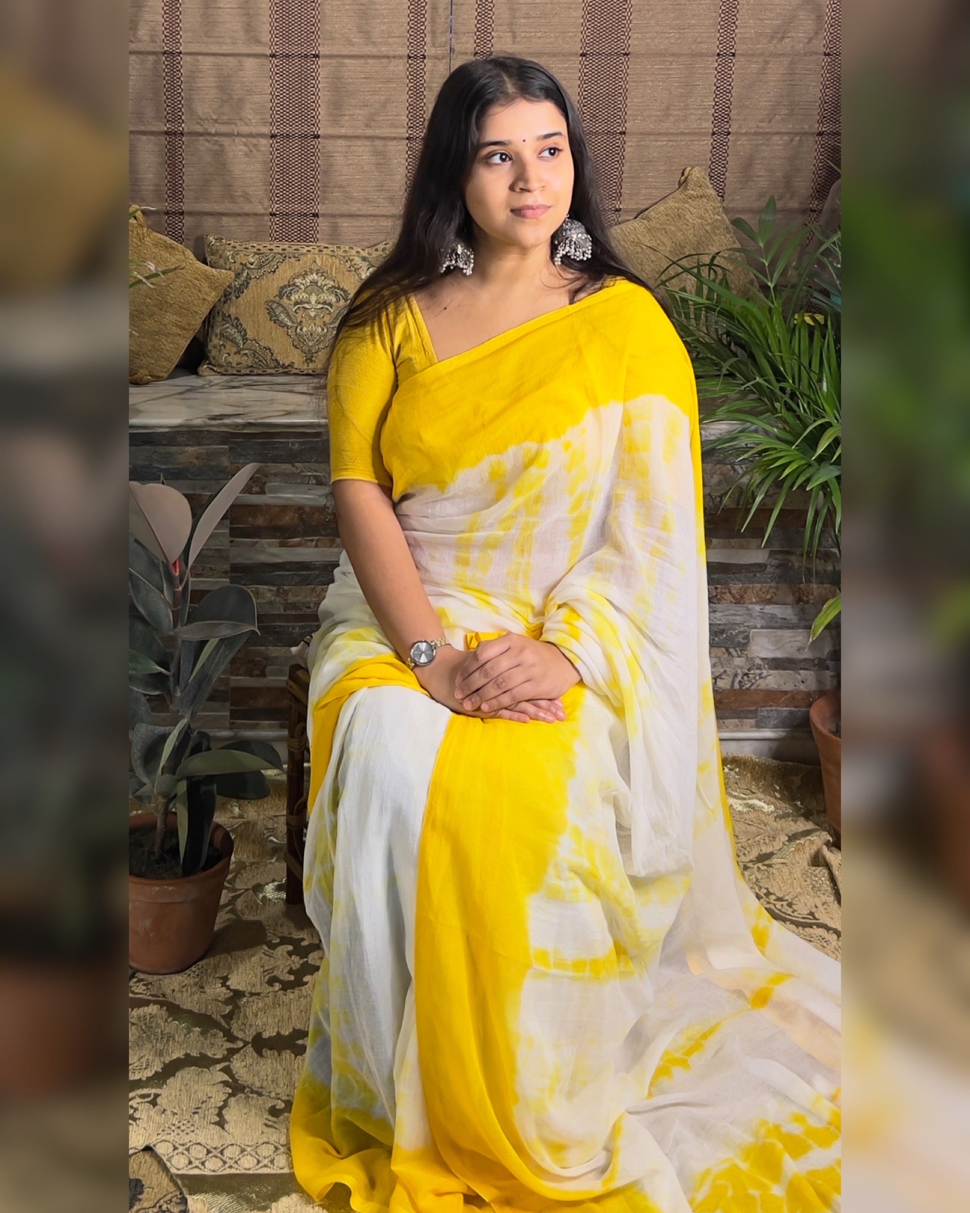 Golden Sandune Shibori Mulmul Cotton Saree by Shop AaMe