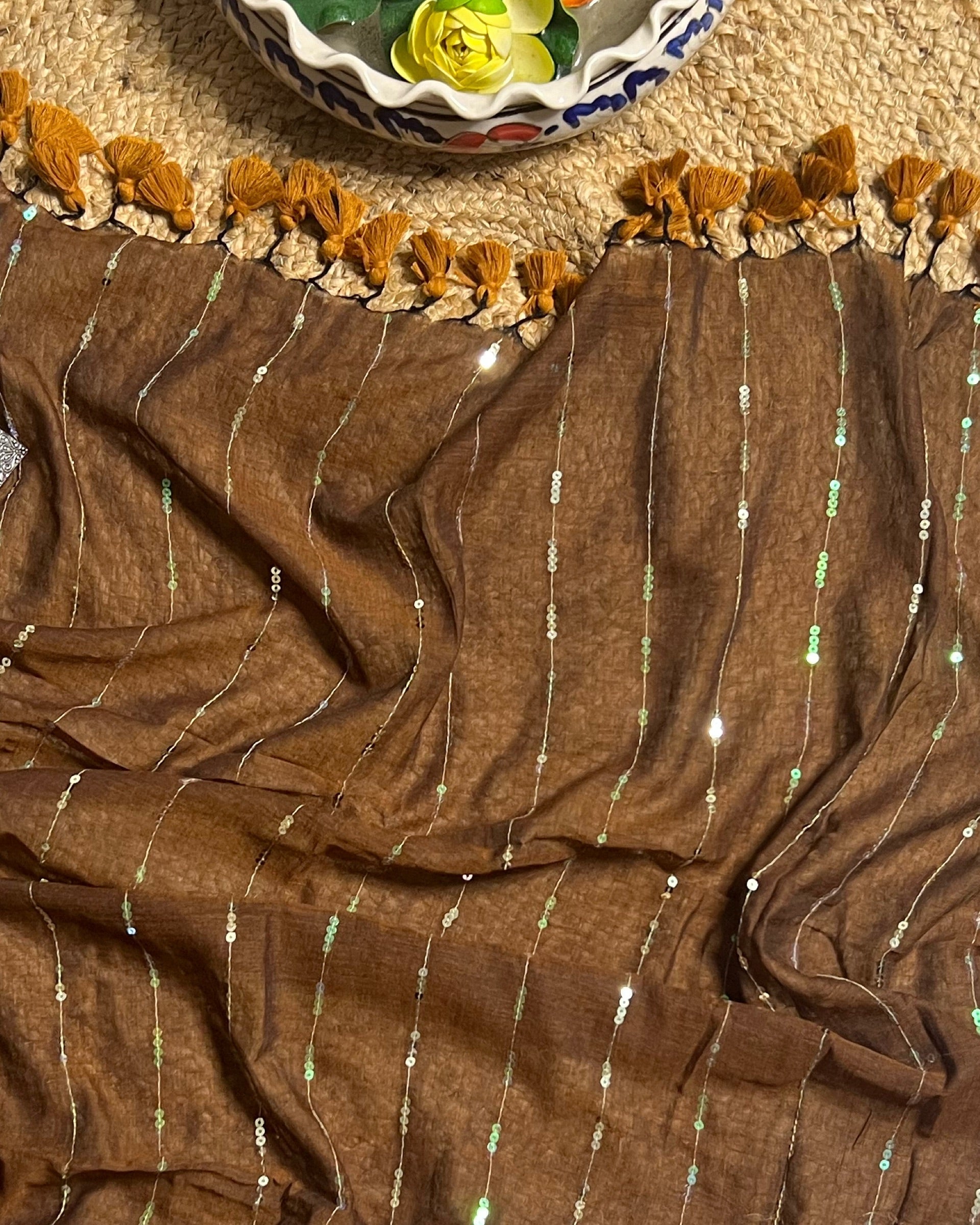 Shop Aame Sparkling Clay saree in soft brown mulmul cotton with sequin work