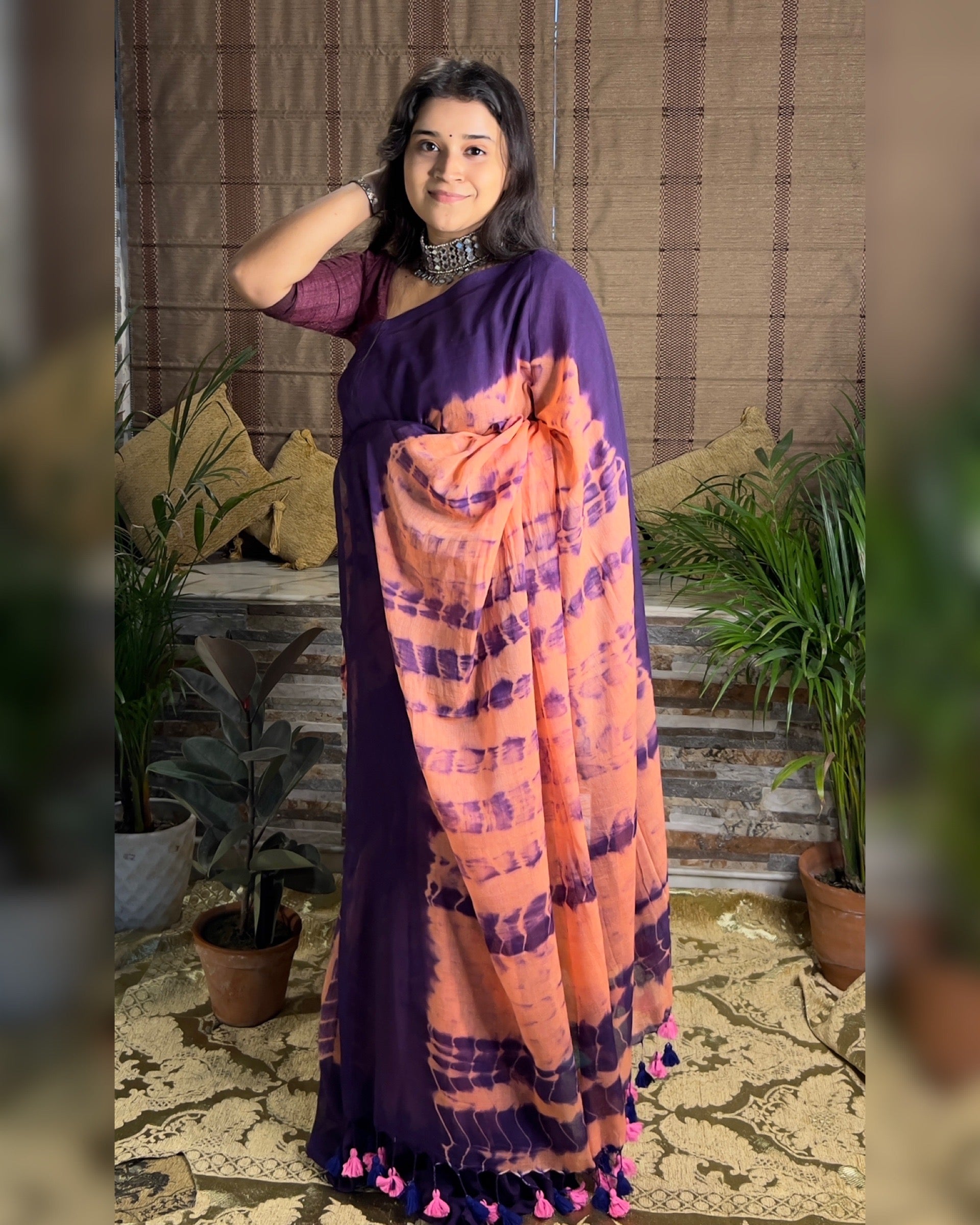 Soft and Comfortable Mulmul Cotton festive colour peach purple pink Shibori Saree