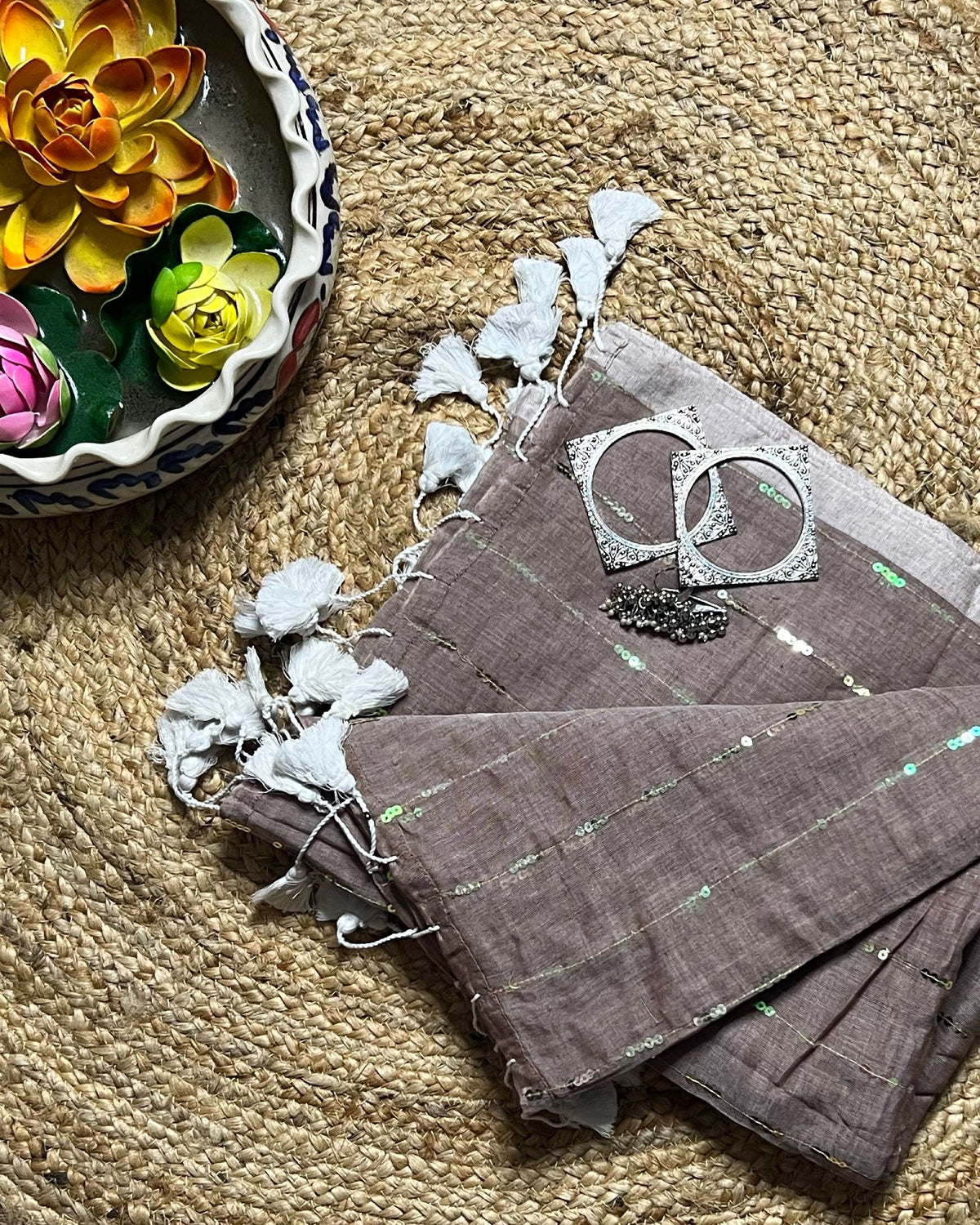Designer grey taupe mulmul cotton saree with sequins work for parties and celebrations