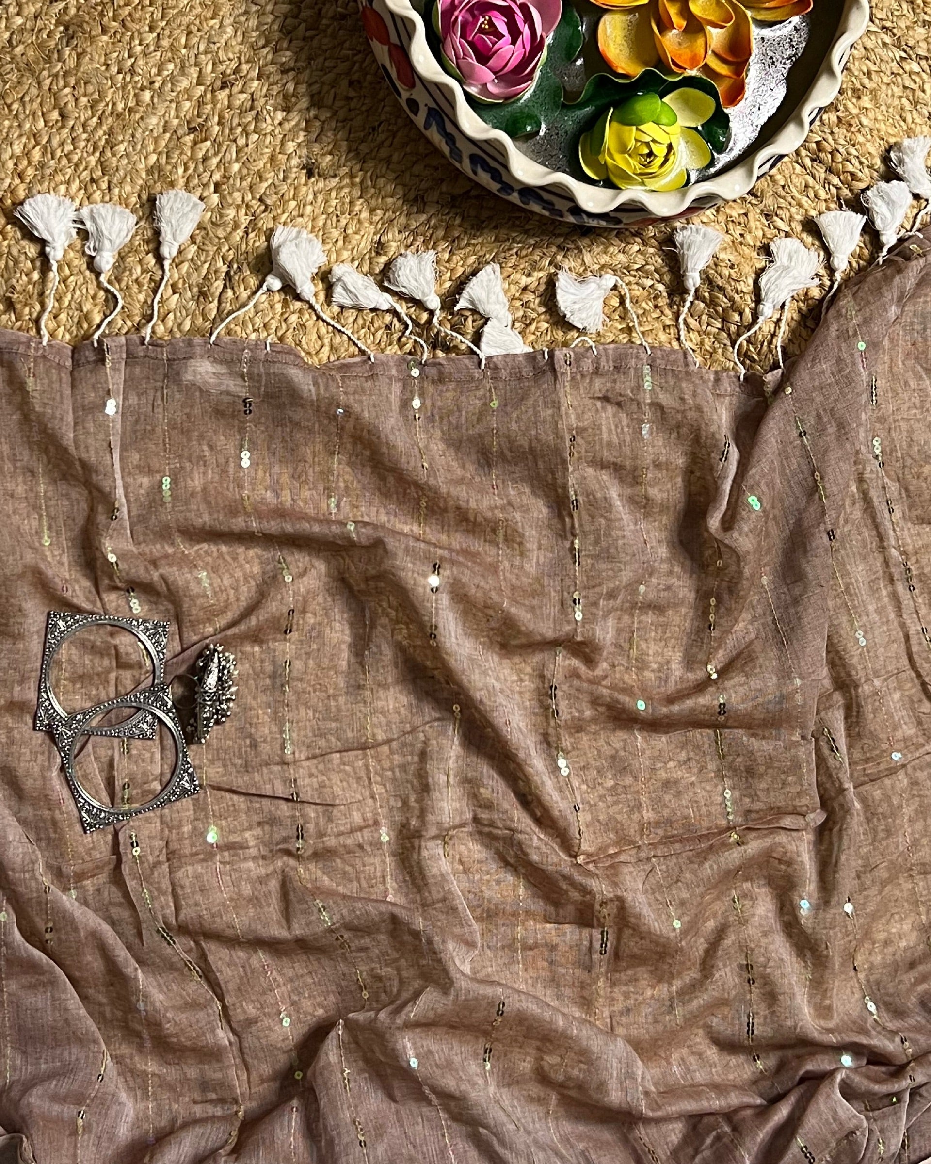 Shop AaMe Ghughoo saree in soft grey taupe mulmul cotton with sequin work