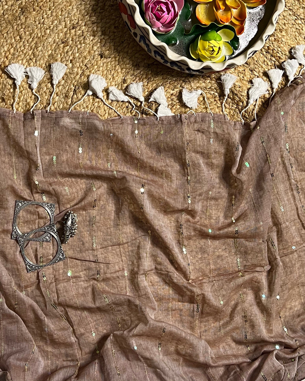 Shop AaMe Ghughoo saree in soft grey taupe mulmul cotton with sequin work