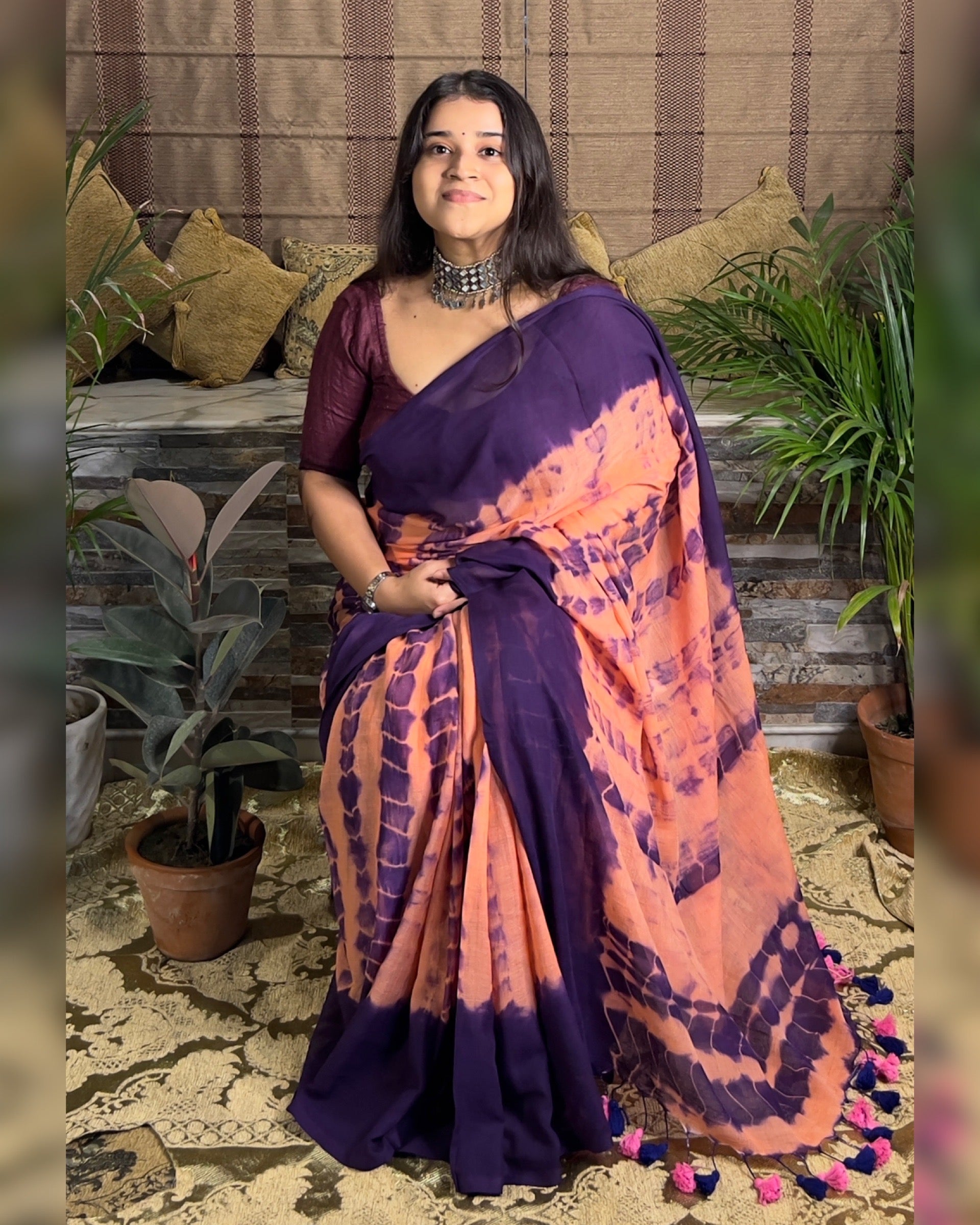 Soft and Comfortable Mulmul Cotton festive colour peach purple pink Shibori Saree
