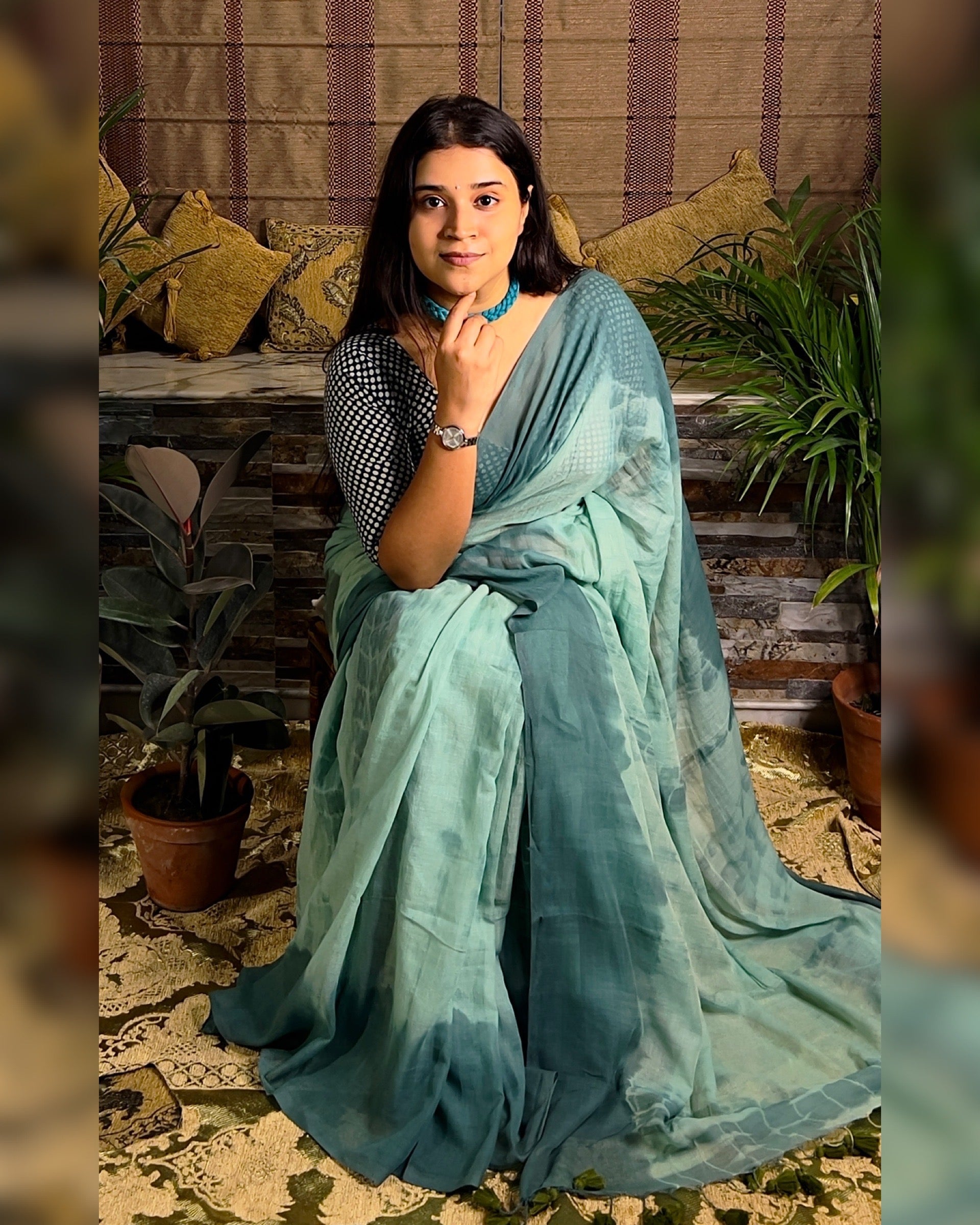 Soft and Comfortable Mulmul Cotton festive colour cyan blue green Shibori Saree