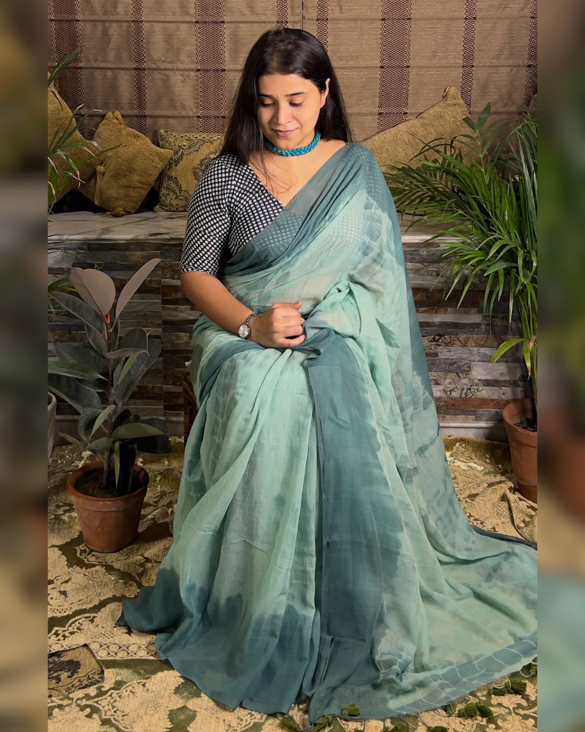 Soft and Comfortable Mulmul Cotton festive colour cyan blue green Shibori Saree