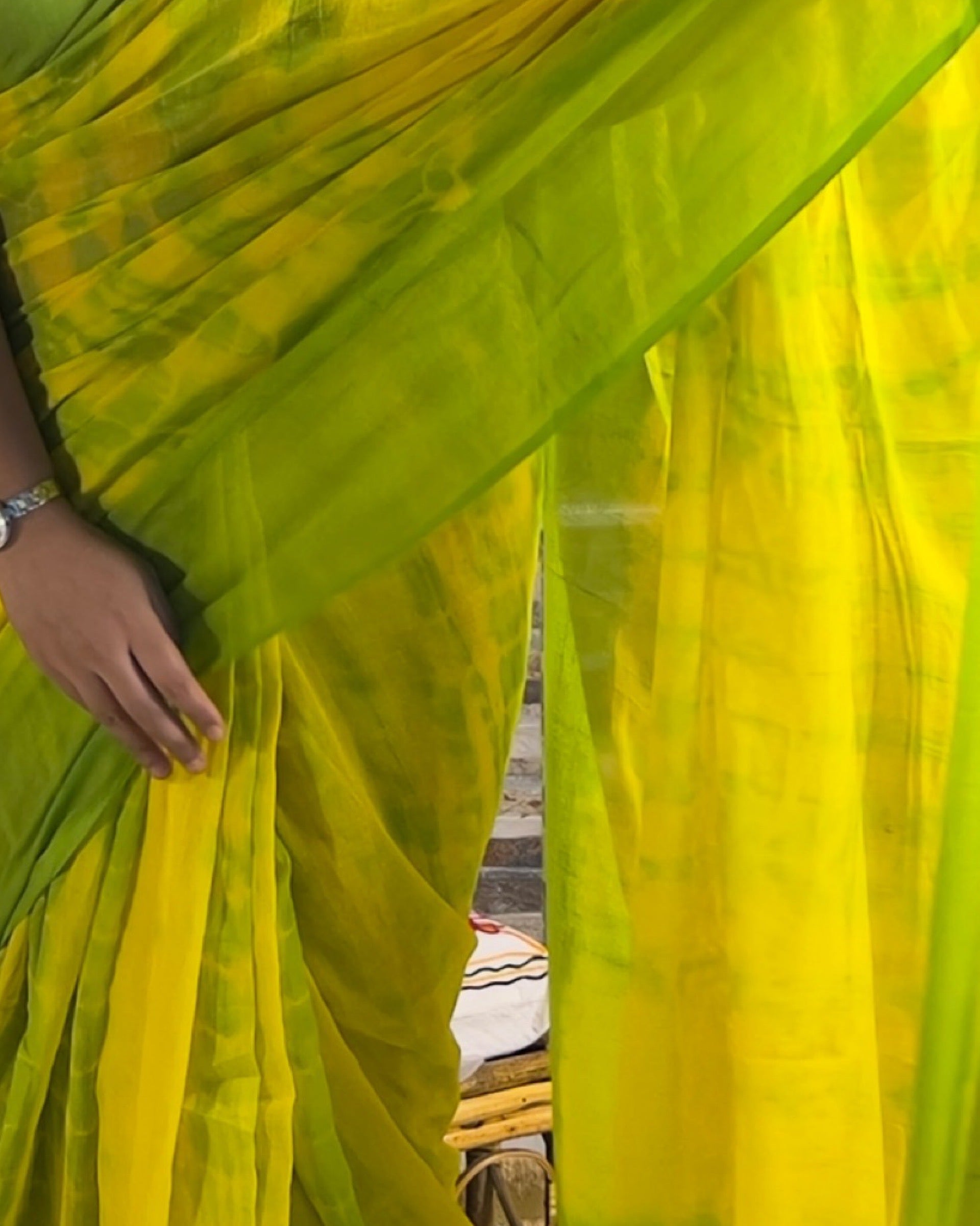 Soft and Comfortable Mulmul Cotton festive colour green and yellow Shibori Saree