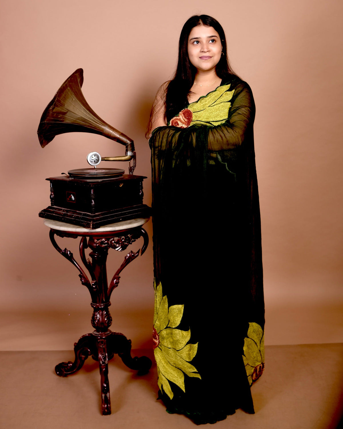 Soft and comfortable light weight black mulmul cotton saree by Sopaame with sunflower embroidery sequins embellished