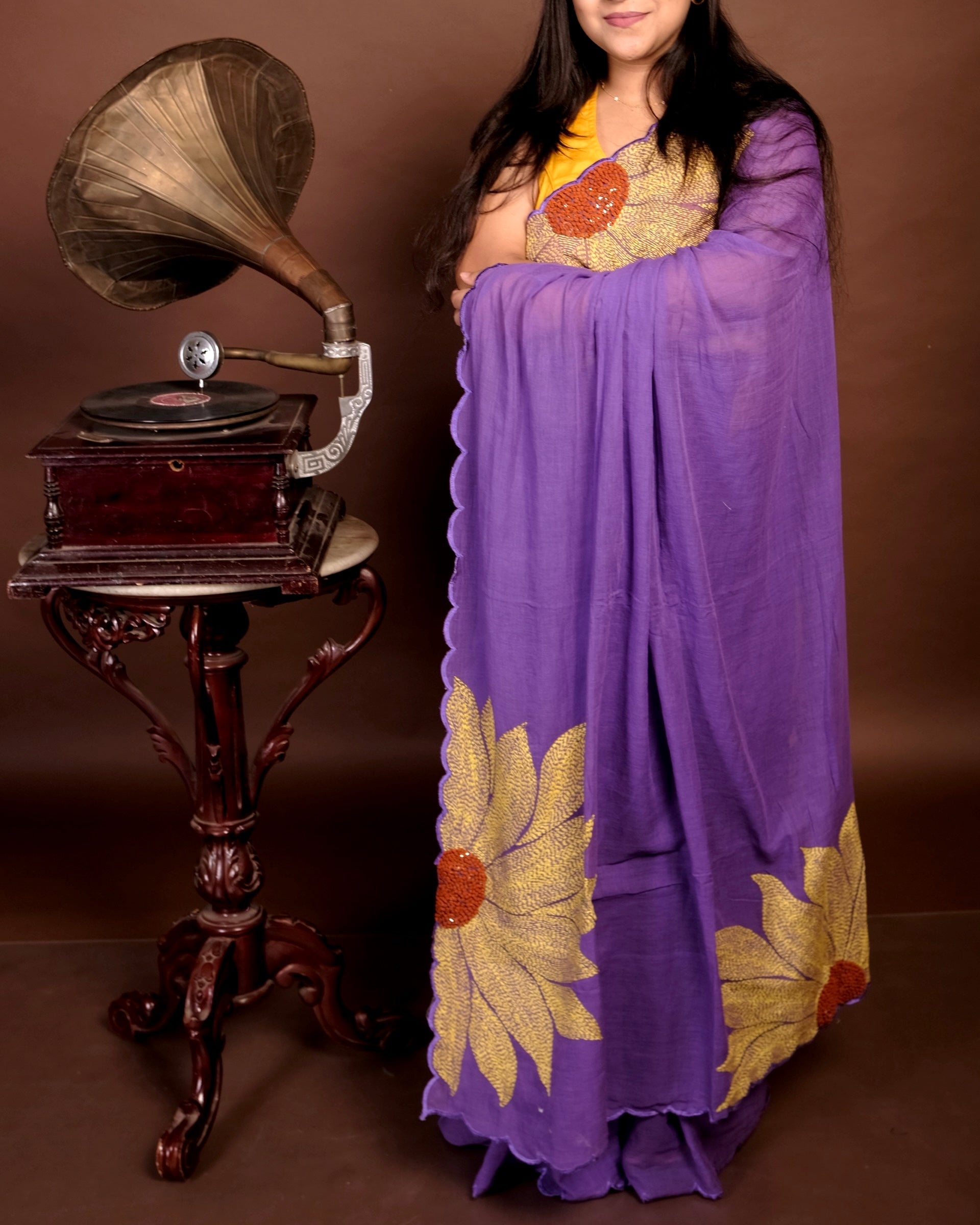 Soft and comfortable light weight violet / purple mulmul cotton saree with sunflower embroidery sequins embellished by Shopaame