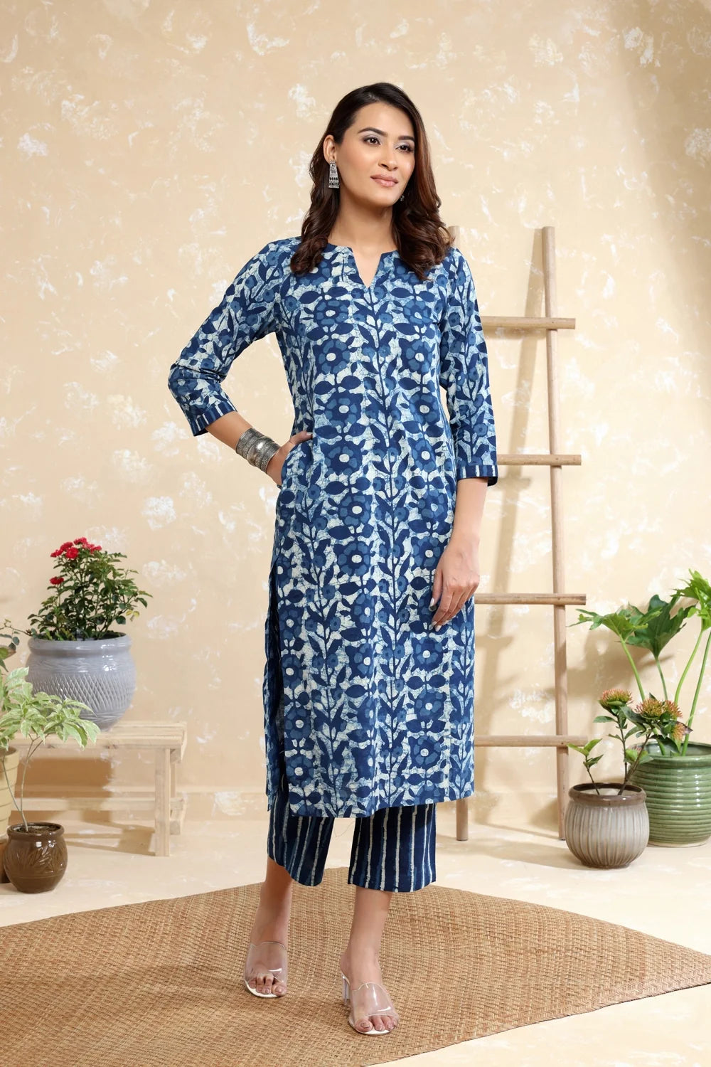 Indigo Pure Cotton Floral Big Block Print Kurta Set-Sutra Art of Clothing