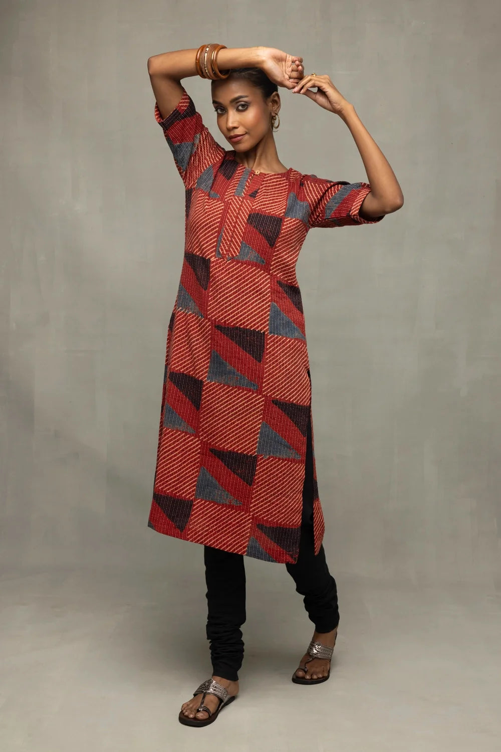 Brick Red Ajrakh Print Kurta-Sutra Art of Clothing