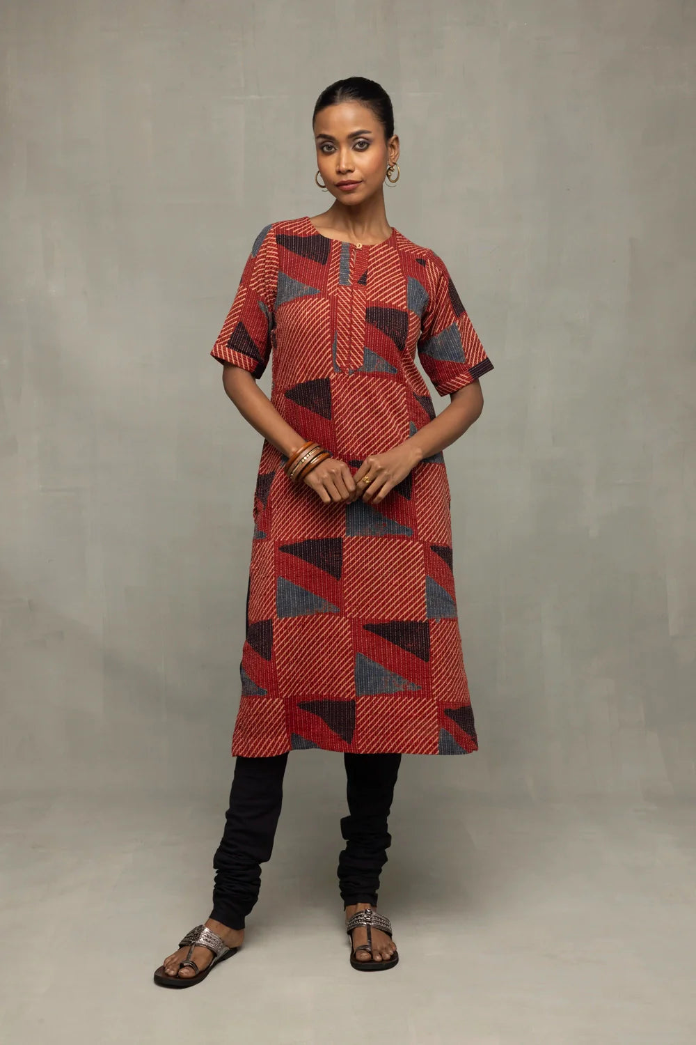 Brick Red Ajrakh Print Kurta-Sutra Art of Clothing
