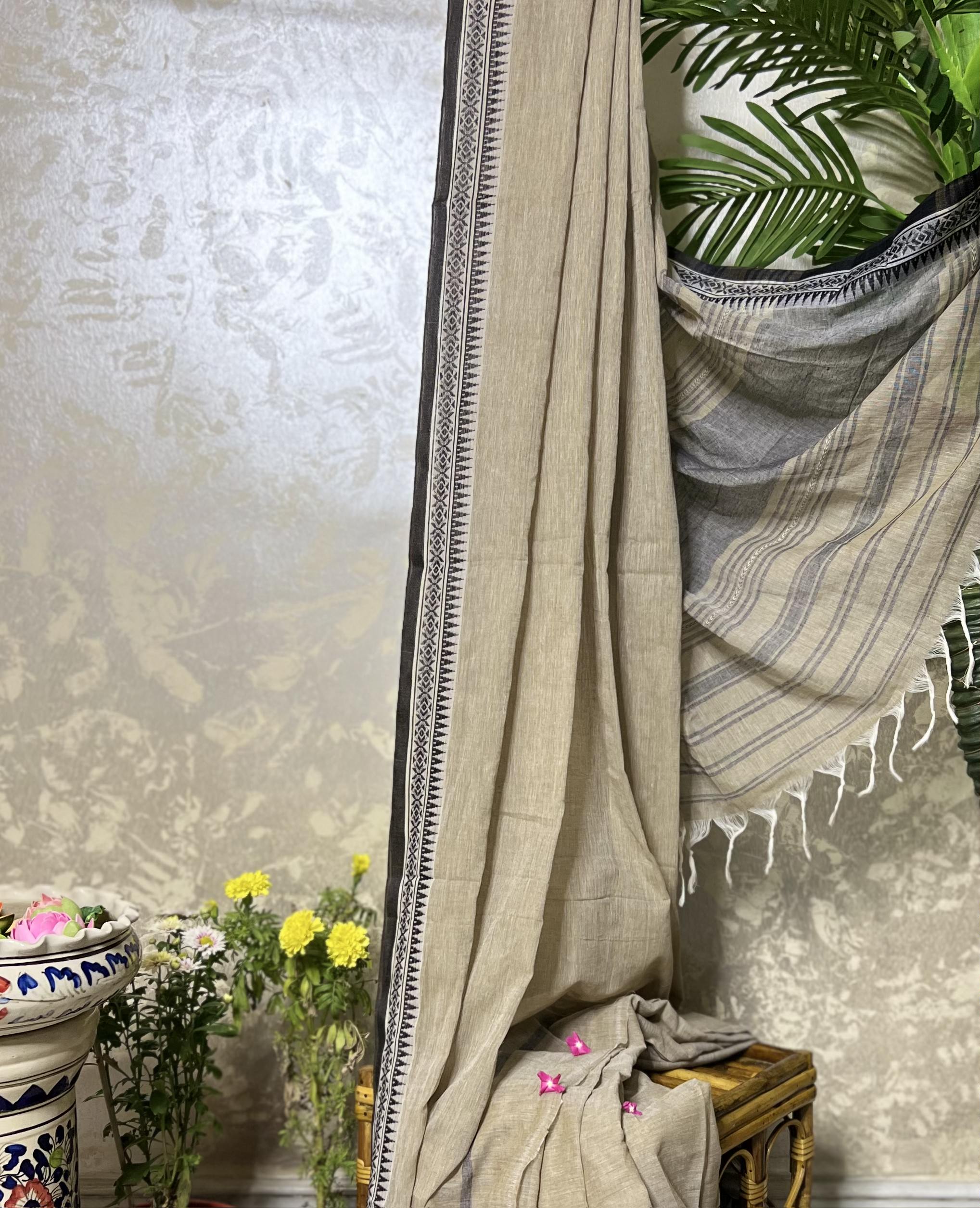 Beige - Black cotton Dhaniakhali handloom saree new collection