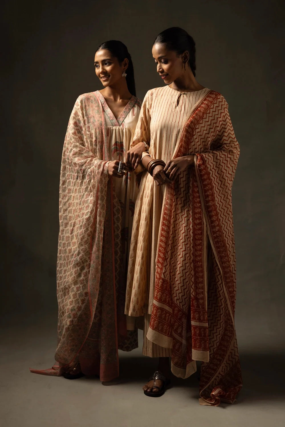 Terracotta and Cream Block Printed Kurta Set with Dupatta