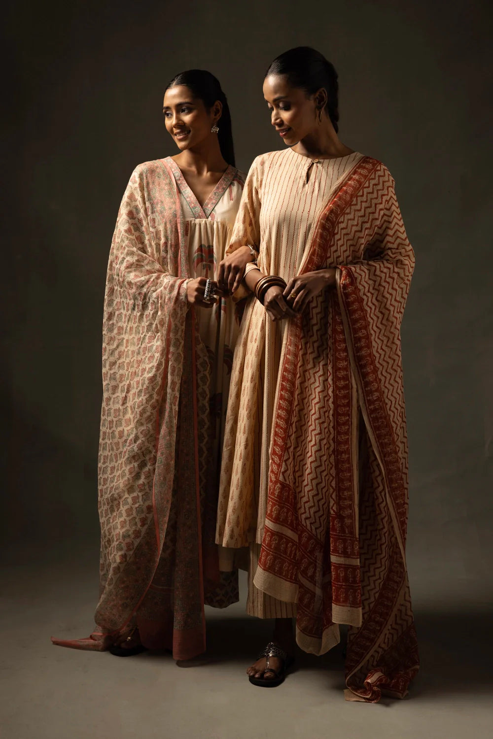 Terracotta and Cream Block Printed Kurta Set with Dupatta