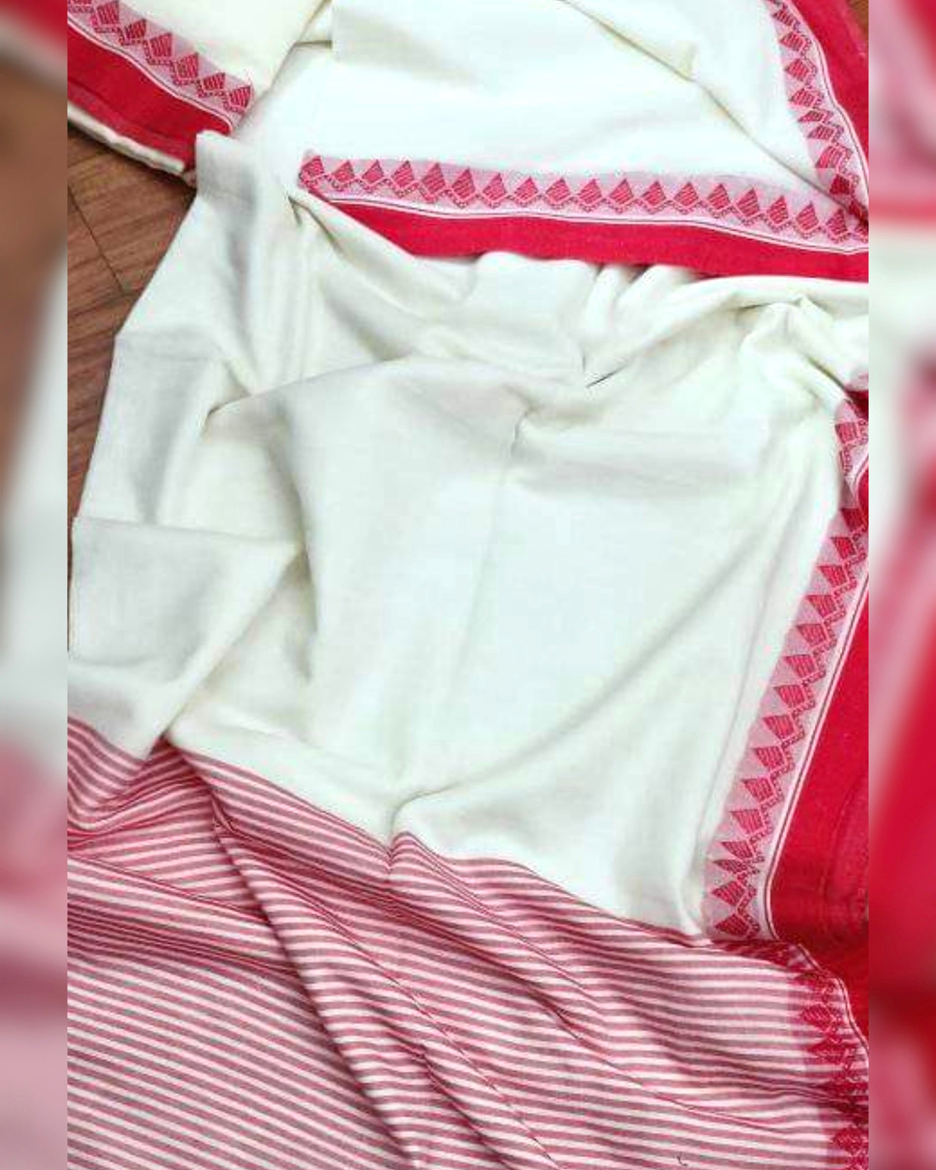 Shop AaMe Agomoni saree in lightweight white red mulmul cotton