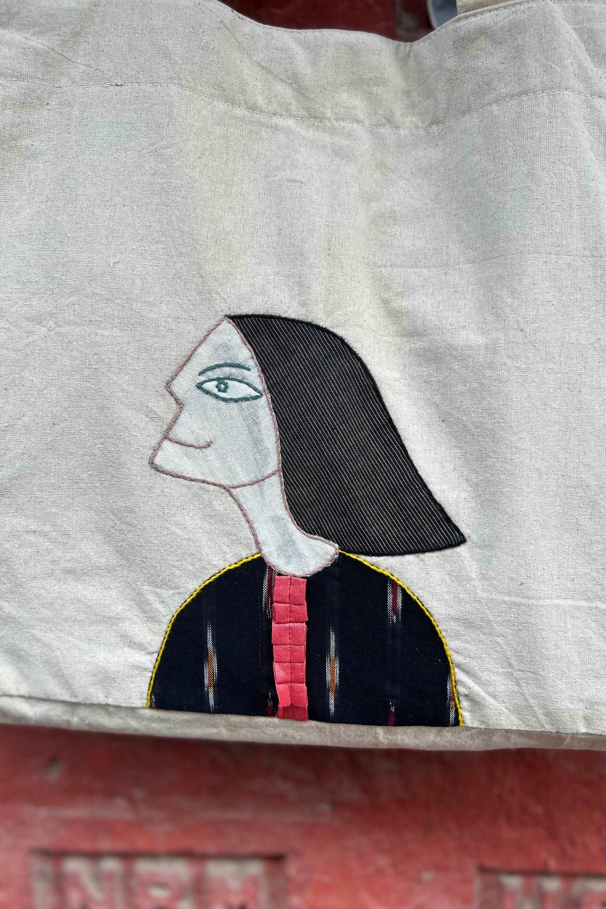 Short Hair Girl Hand Applique Tote Bag-bihart