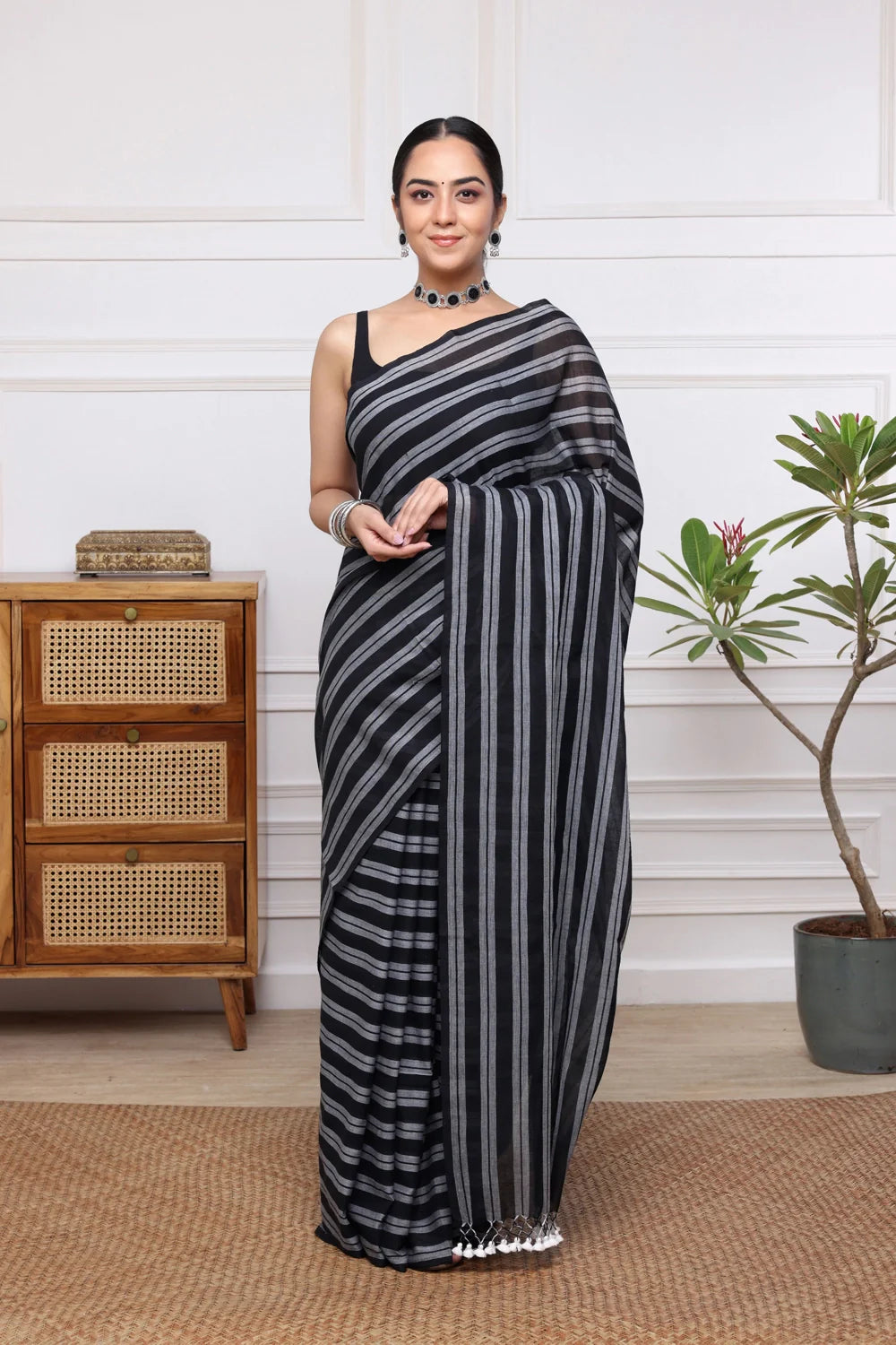 Handloom Black & Grey Stripes Mulmul Saree-Sutra Art of Clothing