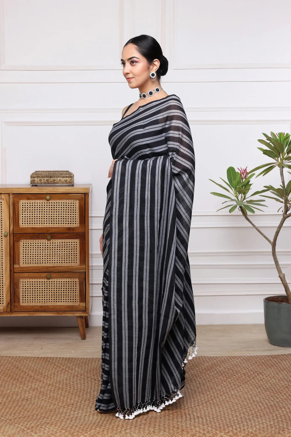 Handloom Black & Grey Stripes Mulmul Saree-Sutra Art of Clothing