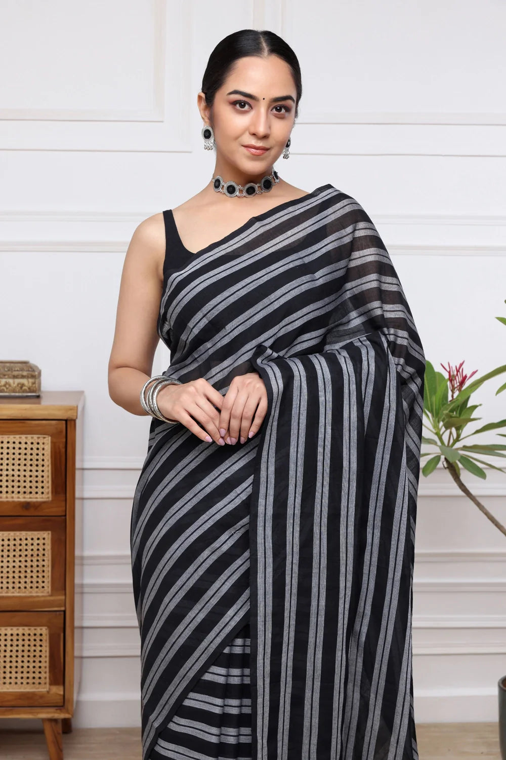 Handloom Black & Grey Stripes Mulmul Saree-Sutra Art of Clothing
