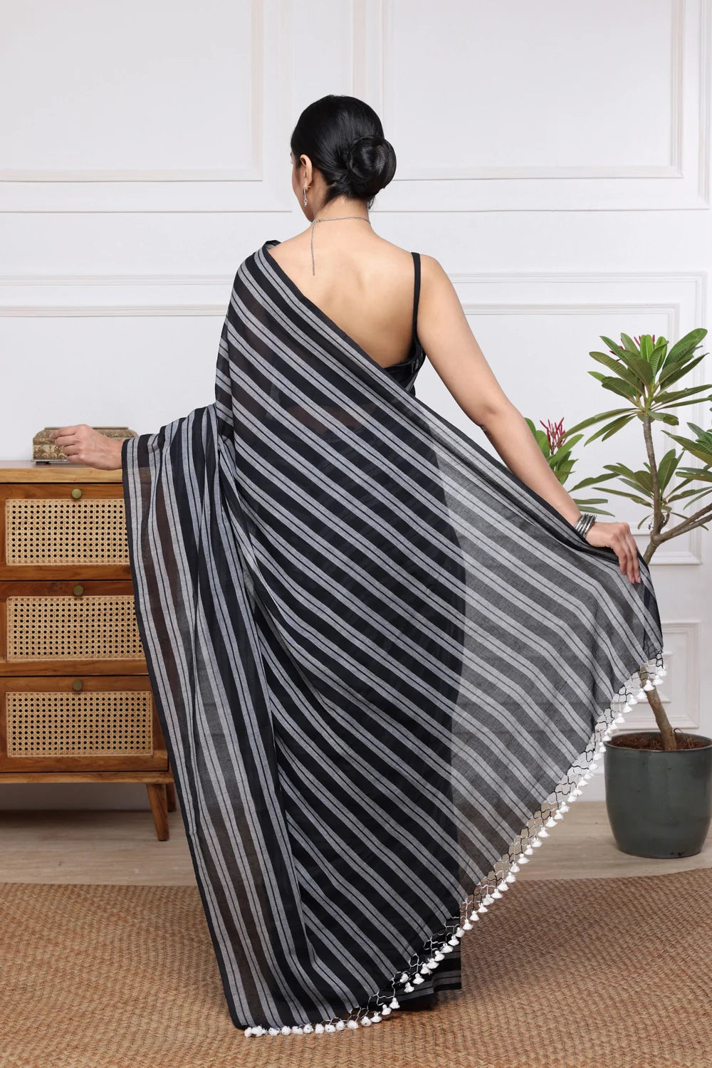 Handloom Black & Grey Stripes Mulmul Saree-Sutra Art of Clothing