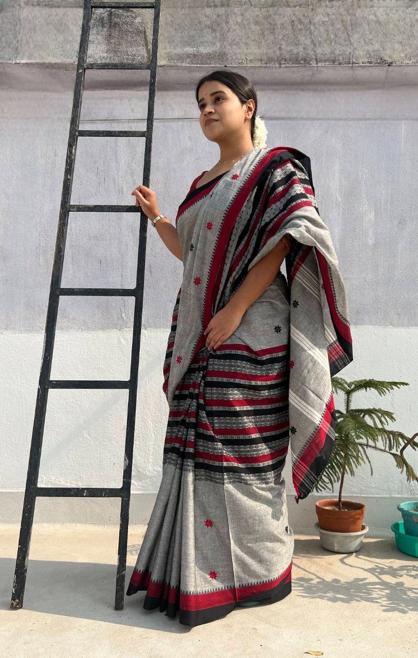 Grey black red cotton handloom saree