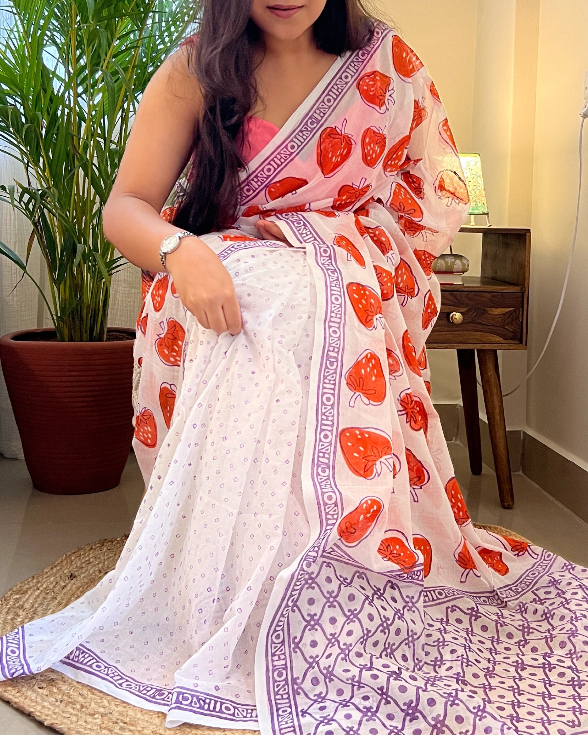 Very Berry White Mulmul Cotton Hand Block Print Saree by Shop AaMe