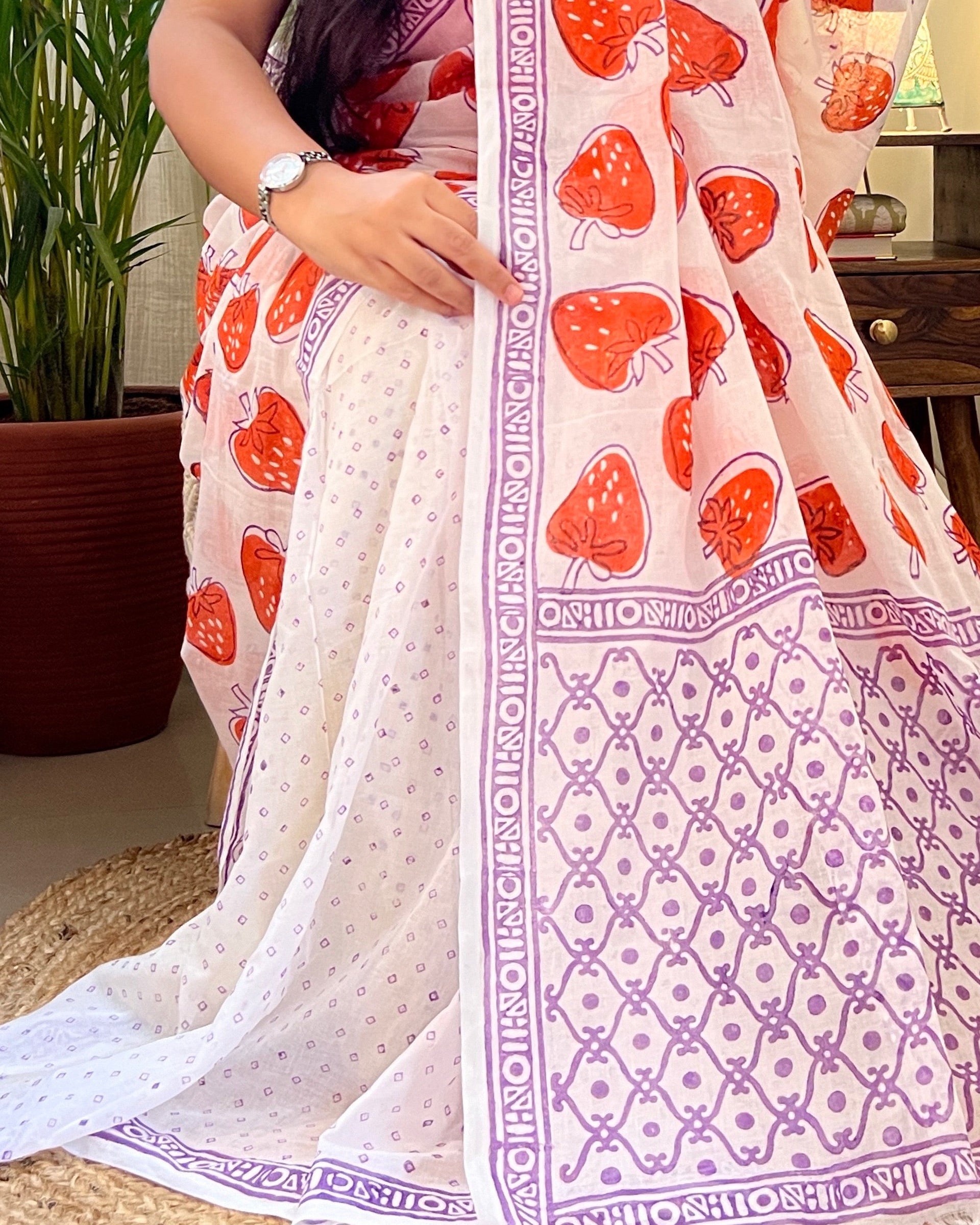 White mulmul cotton saree with elegant hand block print detailing