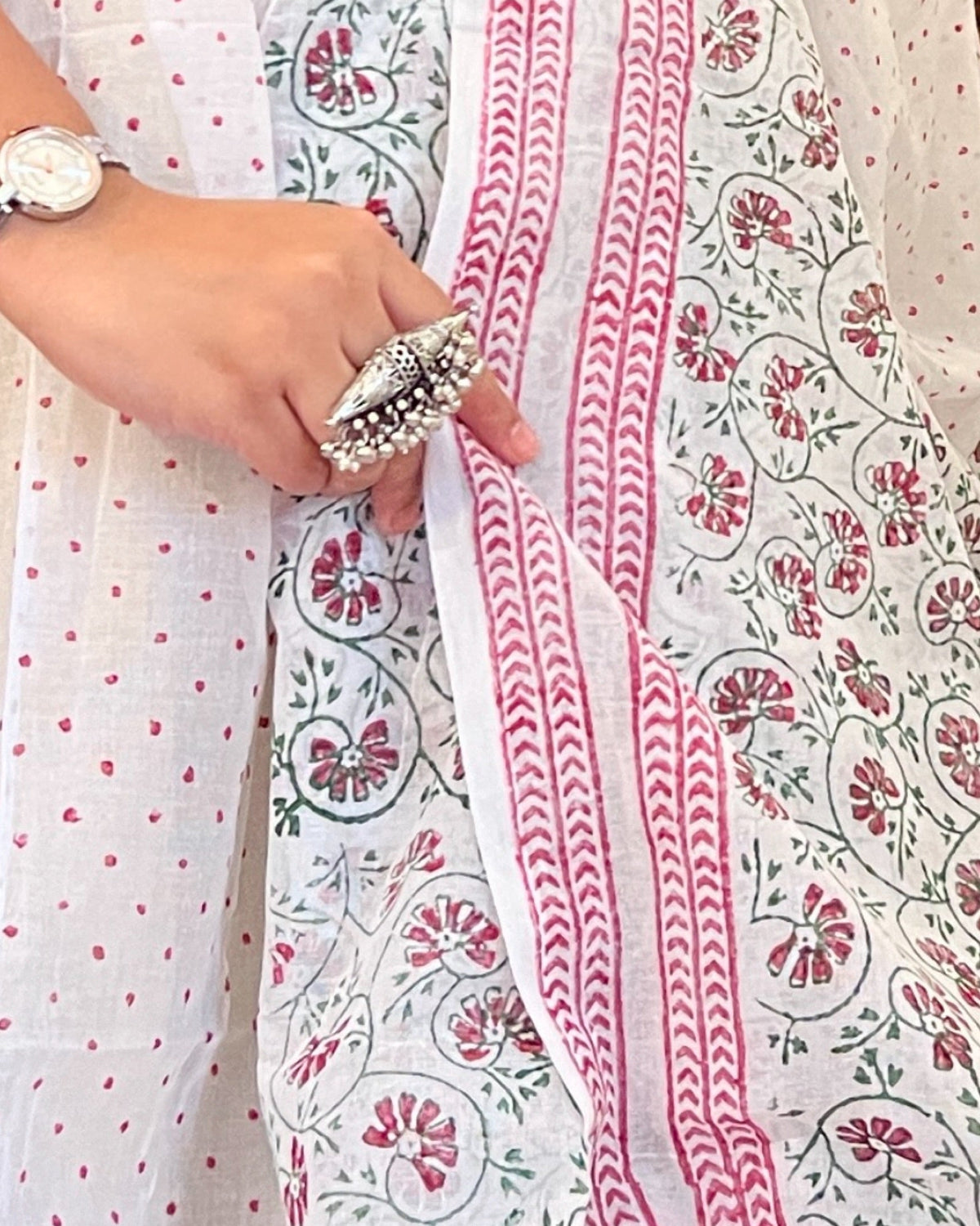 Shop AaMe The Polkas saree in soft white mulmul cotton with block print design