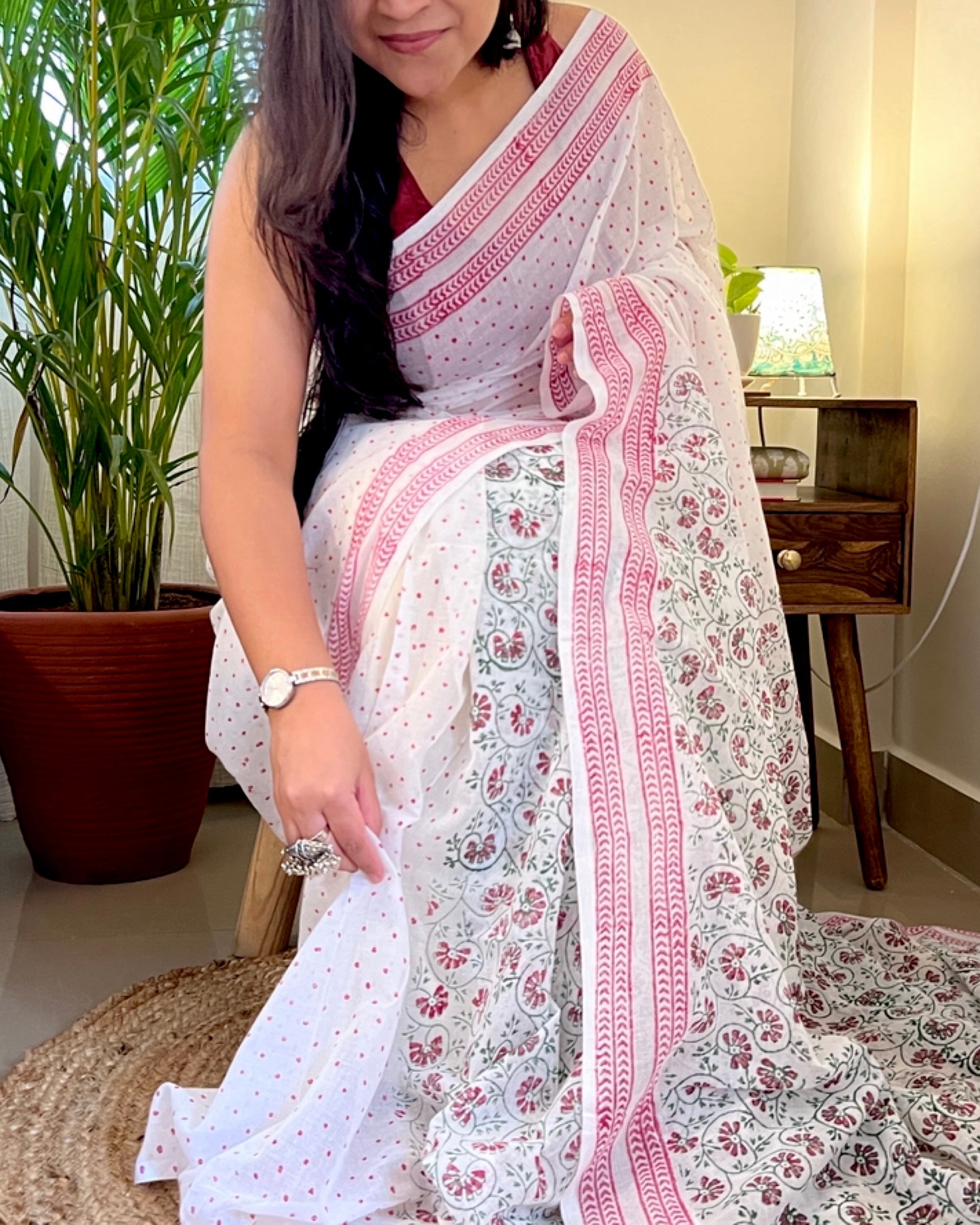 The Polkas White Hand Block Print Mulmul Cotton Saree by Shop AaMe