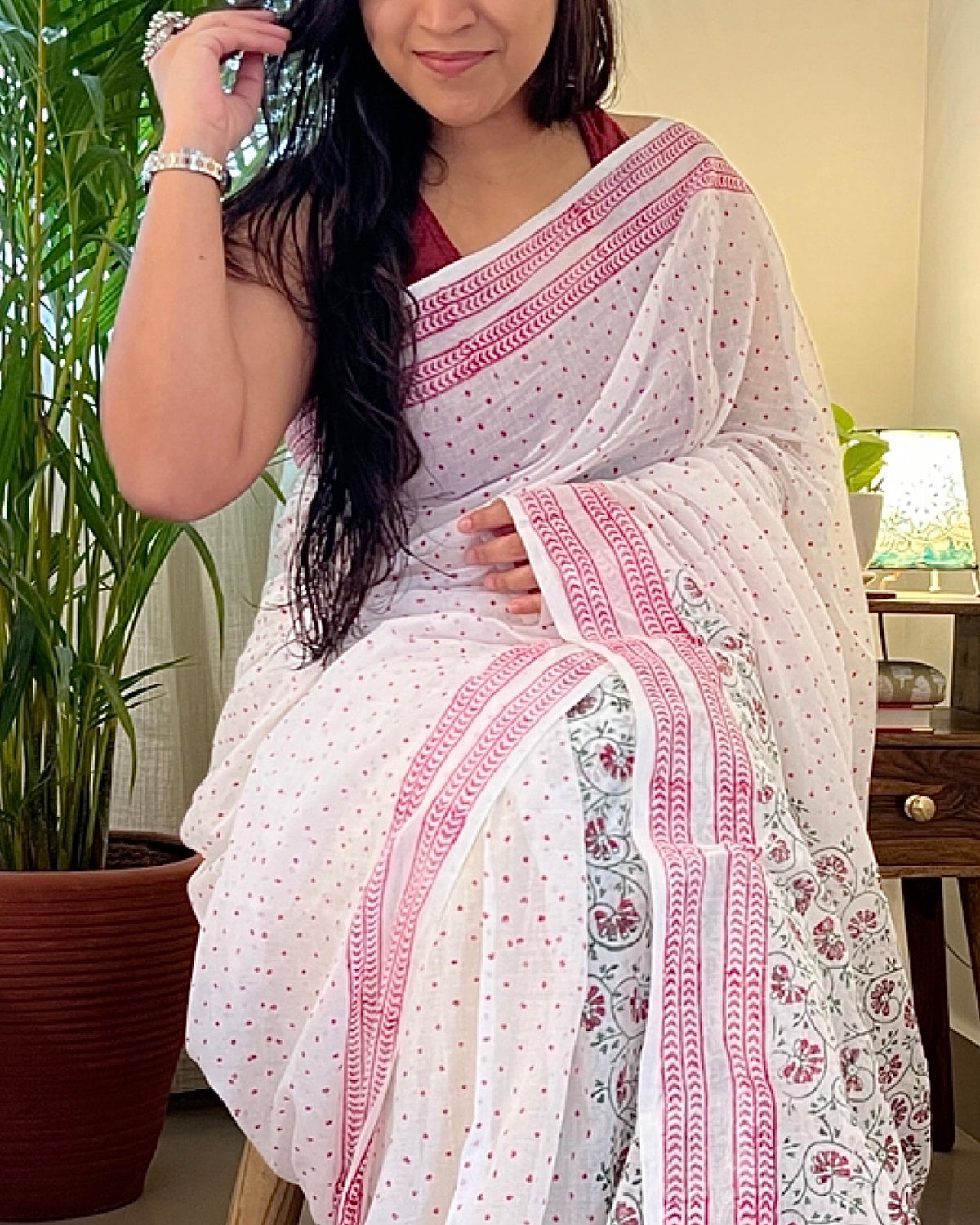 The Polkas white saree crafted with hand block print detailing for effortless elegance