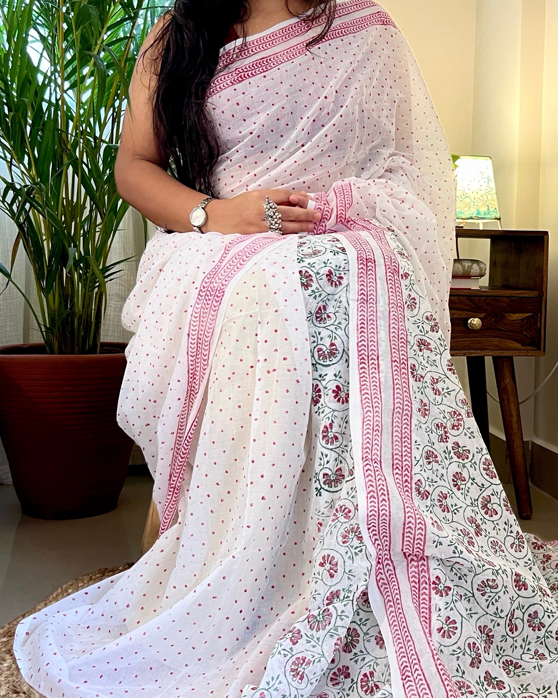 Designer white hand block print khaadi cotton saree for everyday ethnic styling