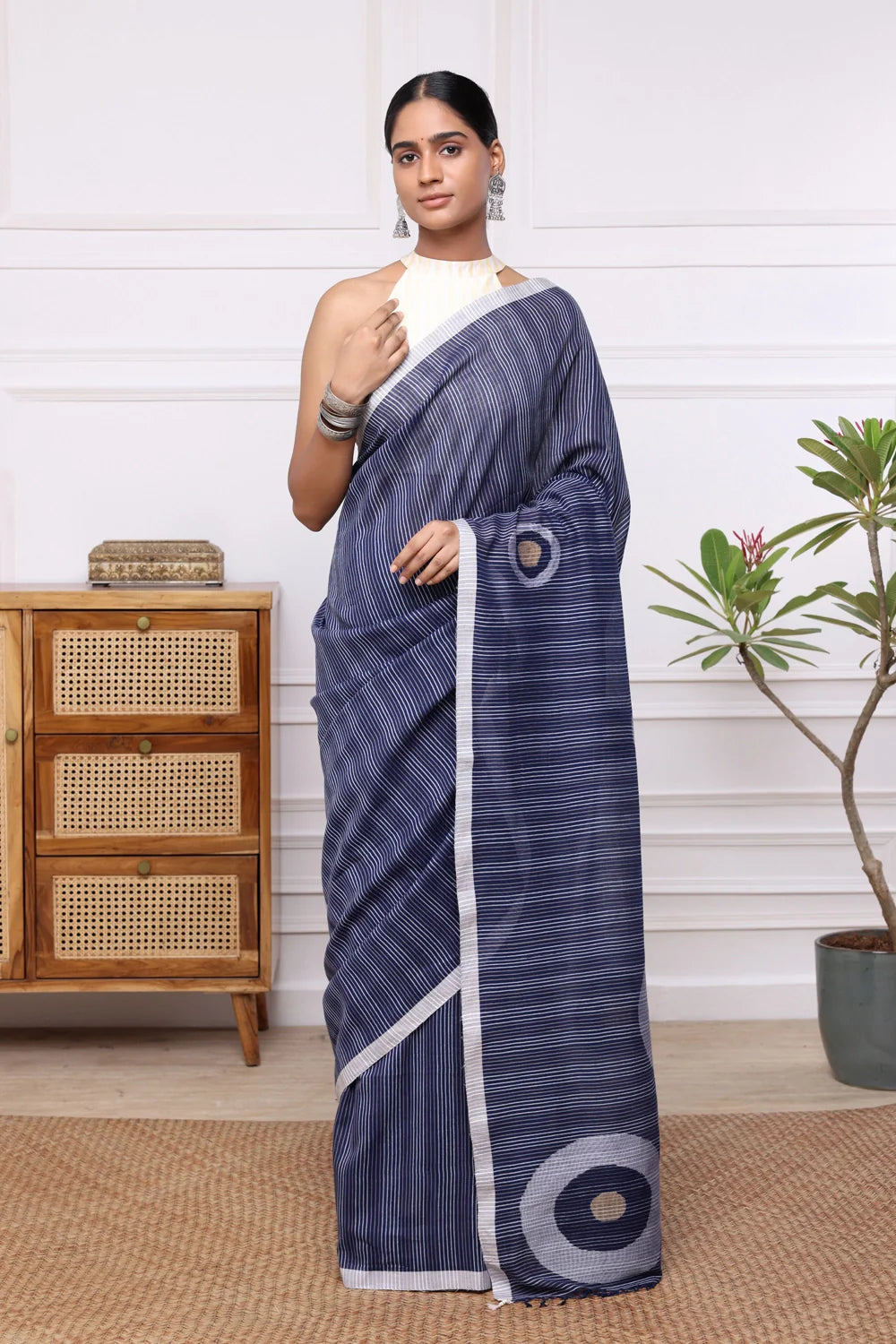 Handloom Blue Stripes Mul Cotton Eye Ball Saree-Sutra Art of Clothing