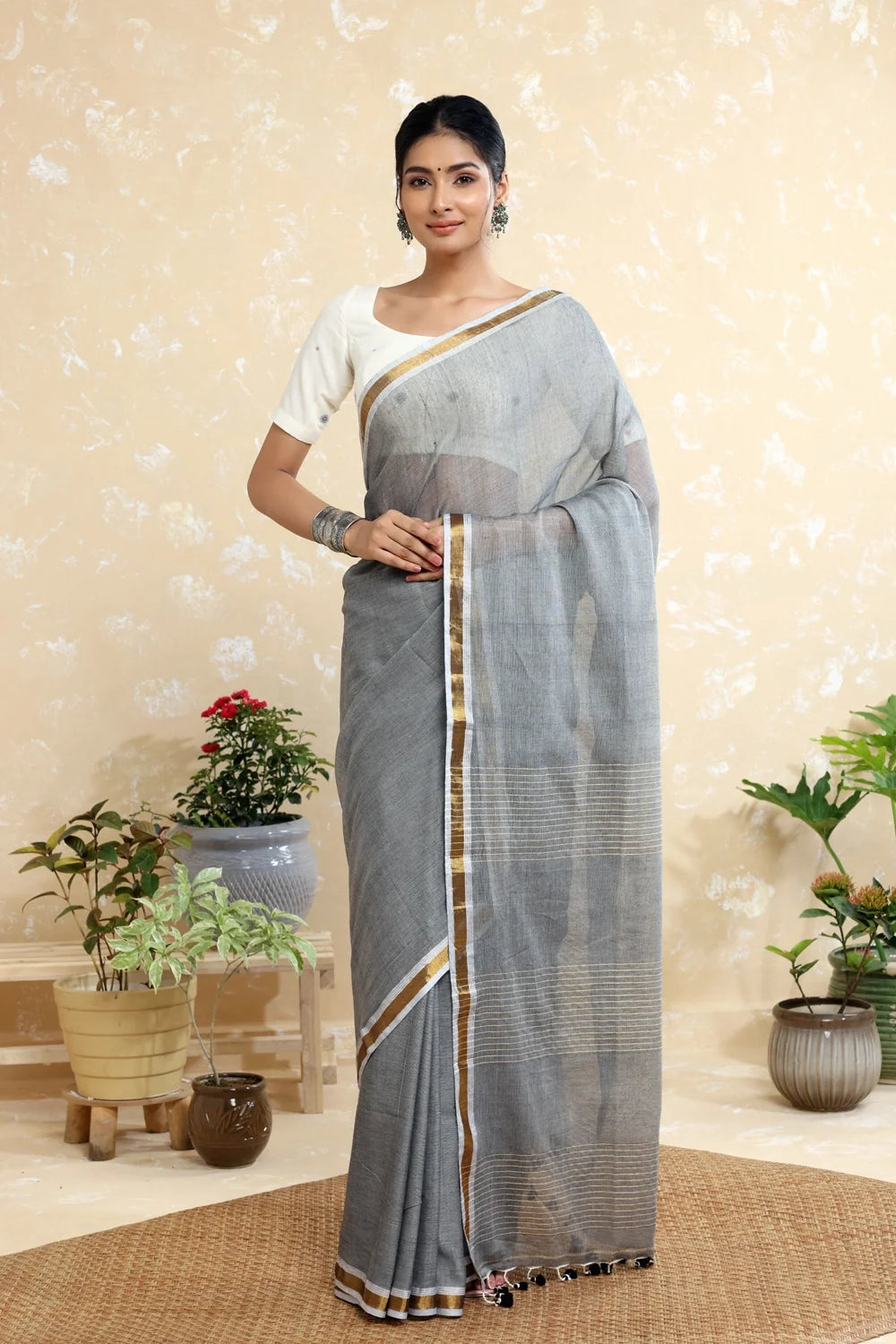 Handloom Grey With Gold Zari Stripes Mulmul Saree-Sutra Art of Clothing