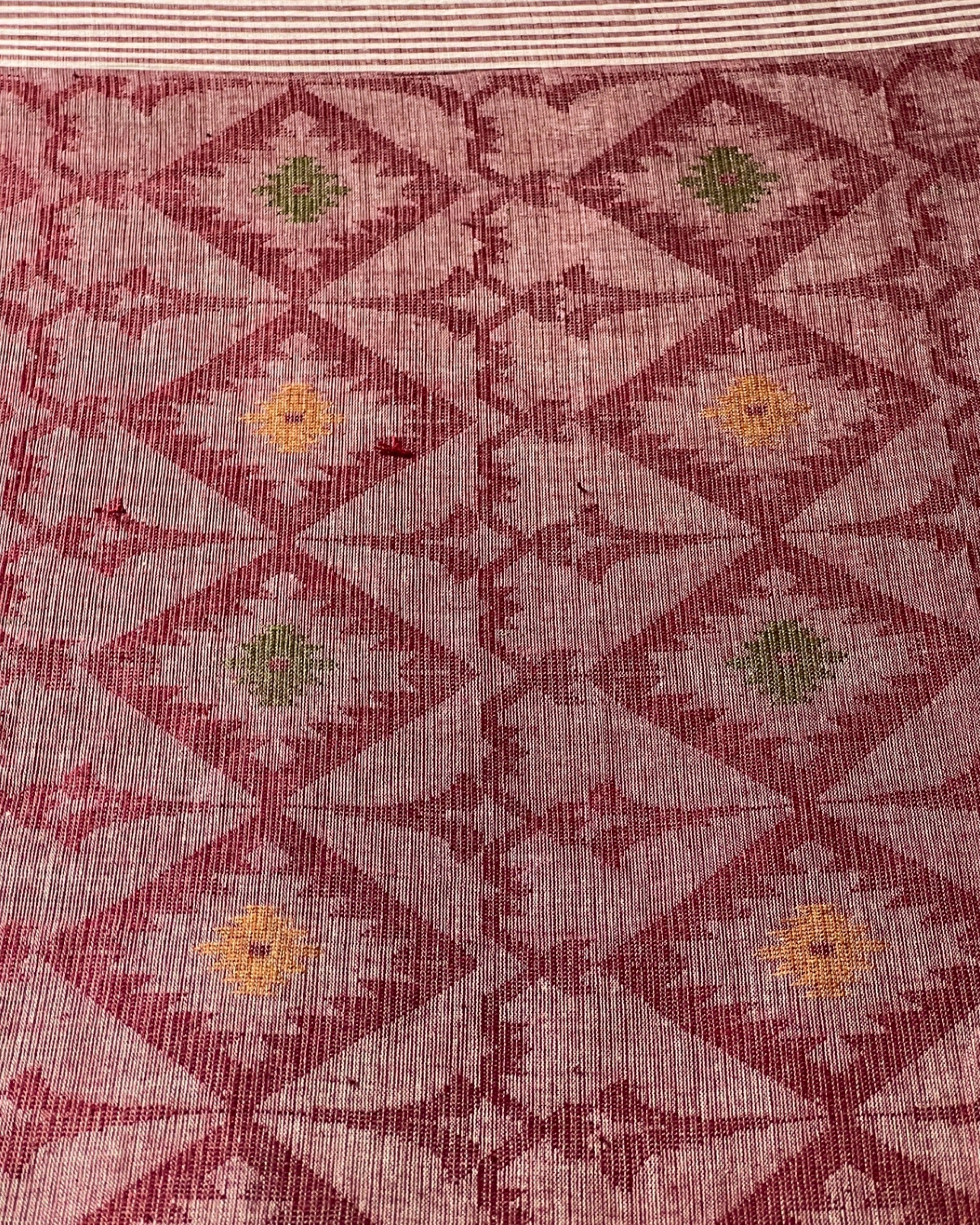 Soft and Comfortable Bengal Khesh Cotton with Kantha Stitch embroidery maroon brown multicolored khoiri