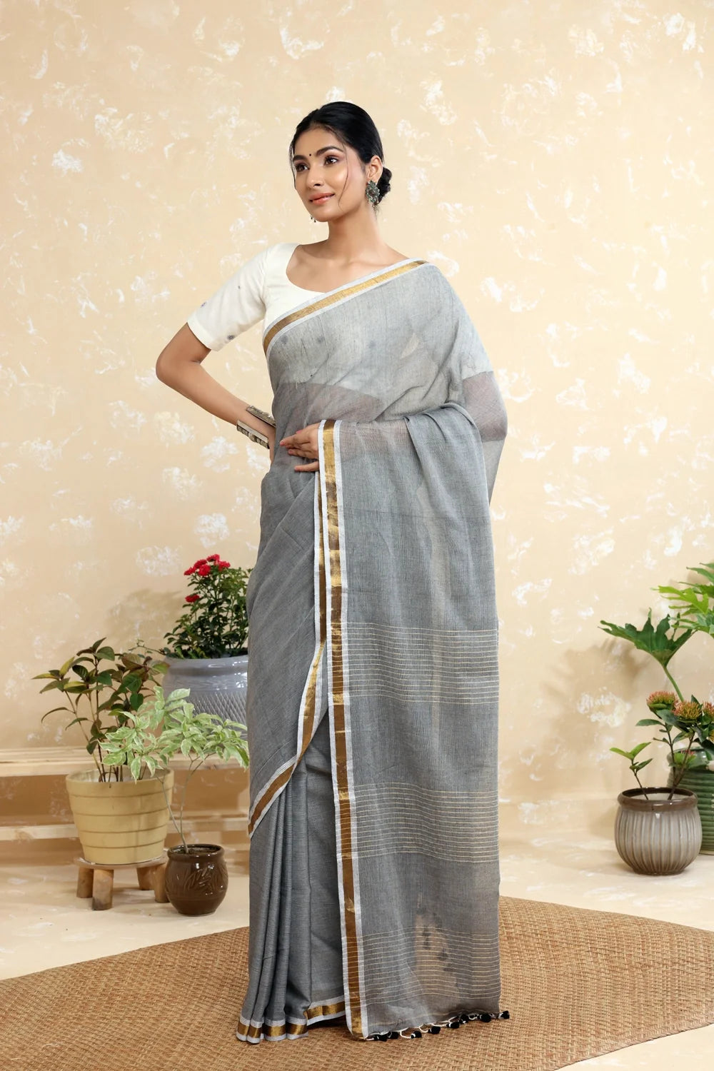 Handloom Grey With Gold Zari Stripes Mulmul Saree-Sutra Art of Clothing