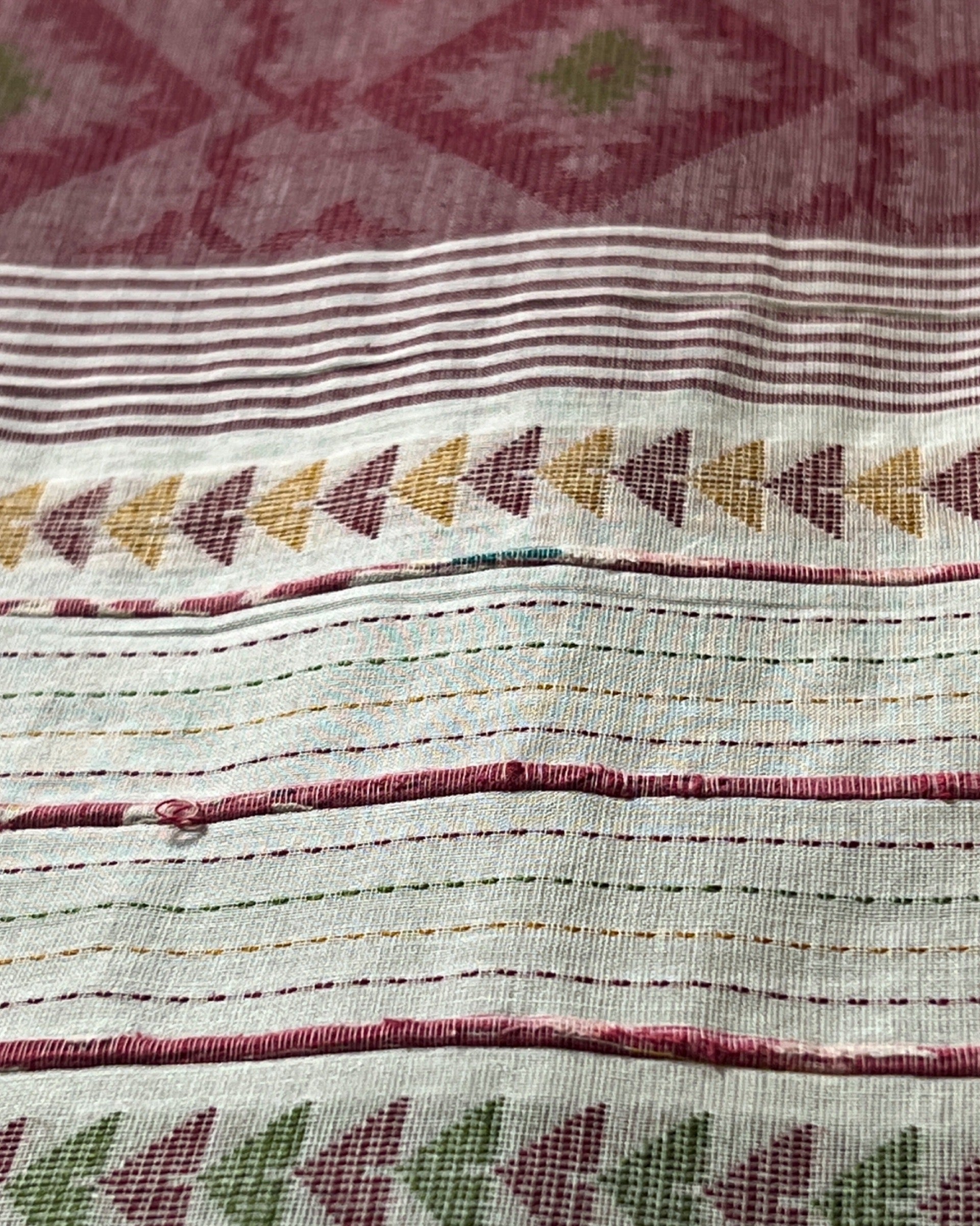 Soft and Comfortable Bengal Khesh Cotton with Kantha Stitch embroidery maroon brown multicolored khoiri
