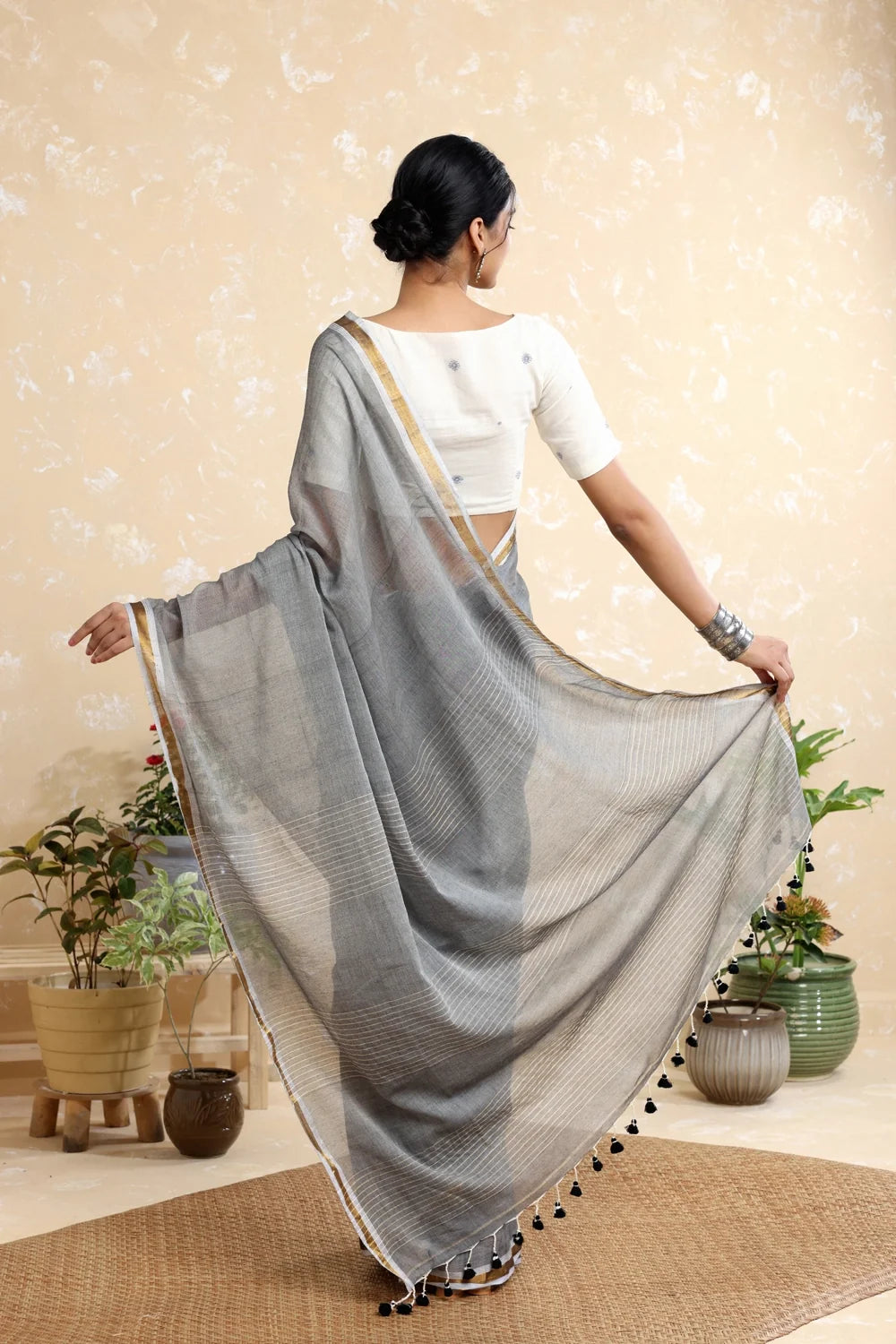 Handloom Grey With Gold Zari Stripes Mulmul Saree-Sutra Art of Clothing
