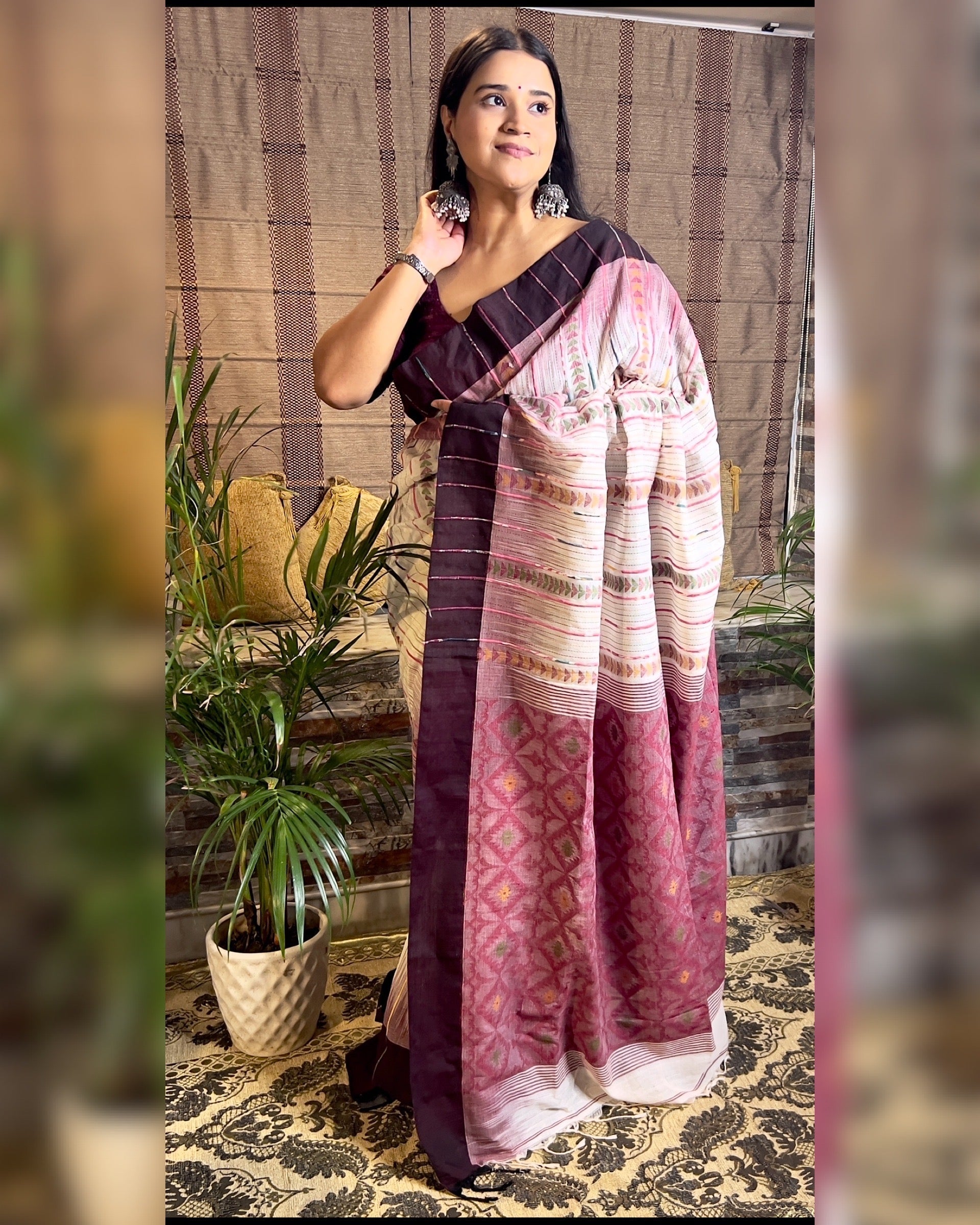 Soft and Comfortable Bengal Khesh Cotton with Kantha Stitch embroidery maroon brown multicolored khoiri