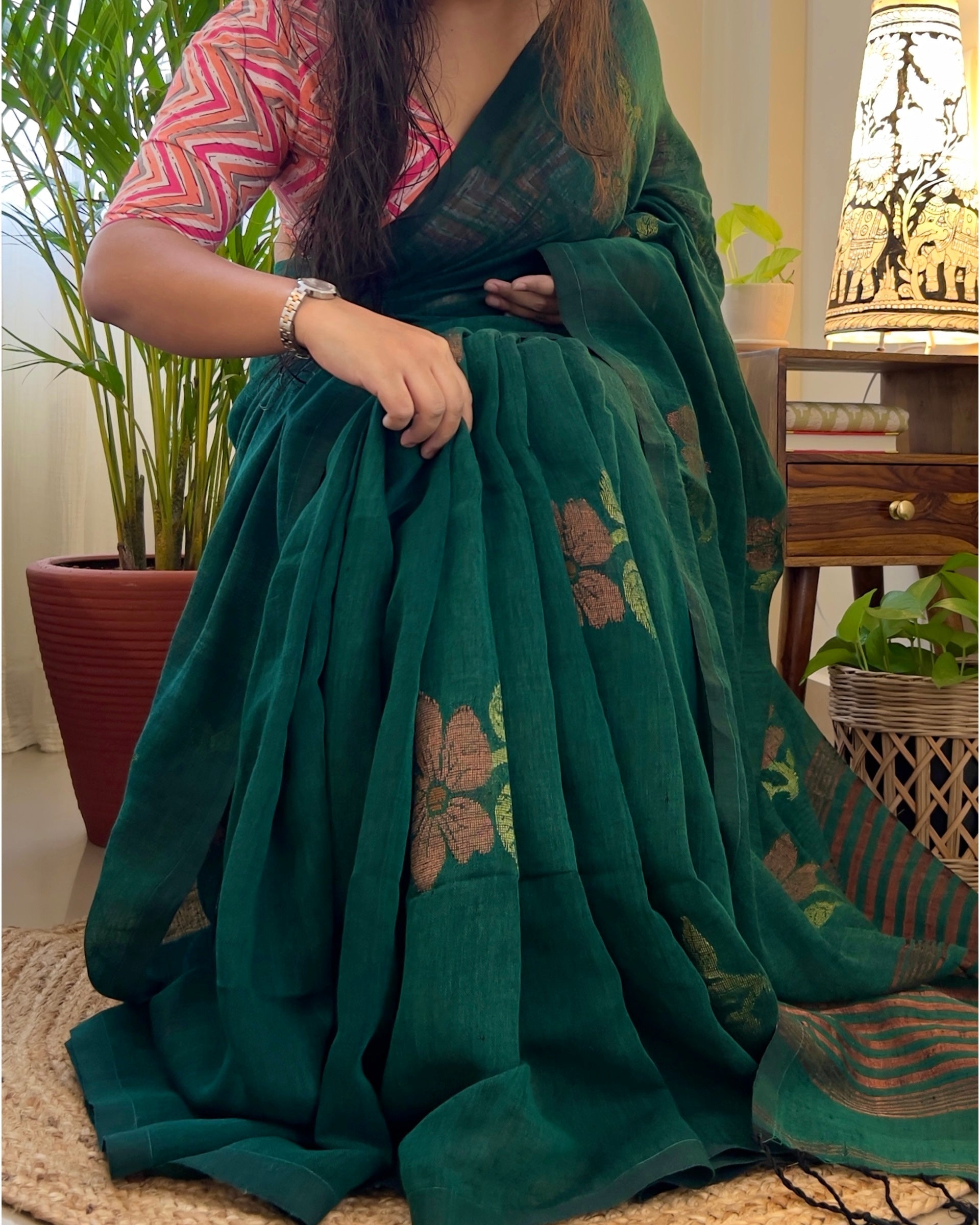 Linen cotton emerald green handloom saree