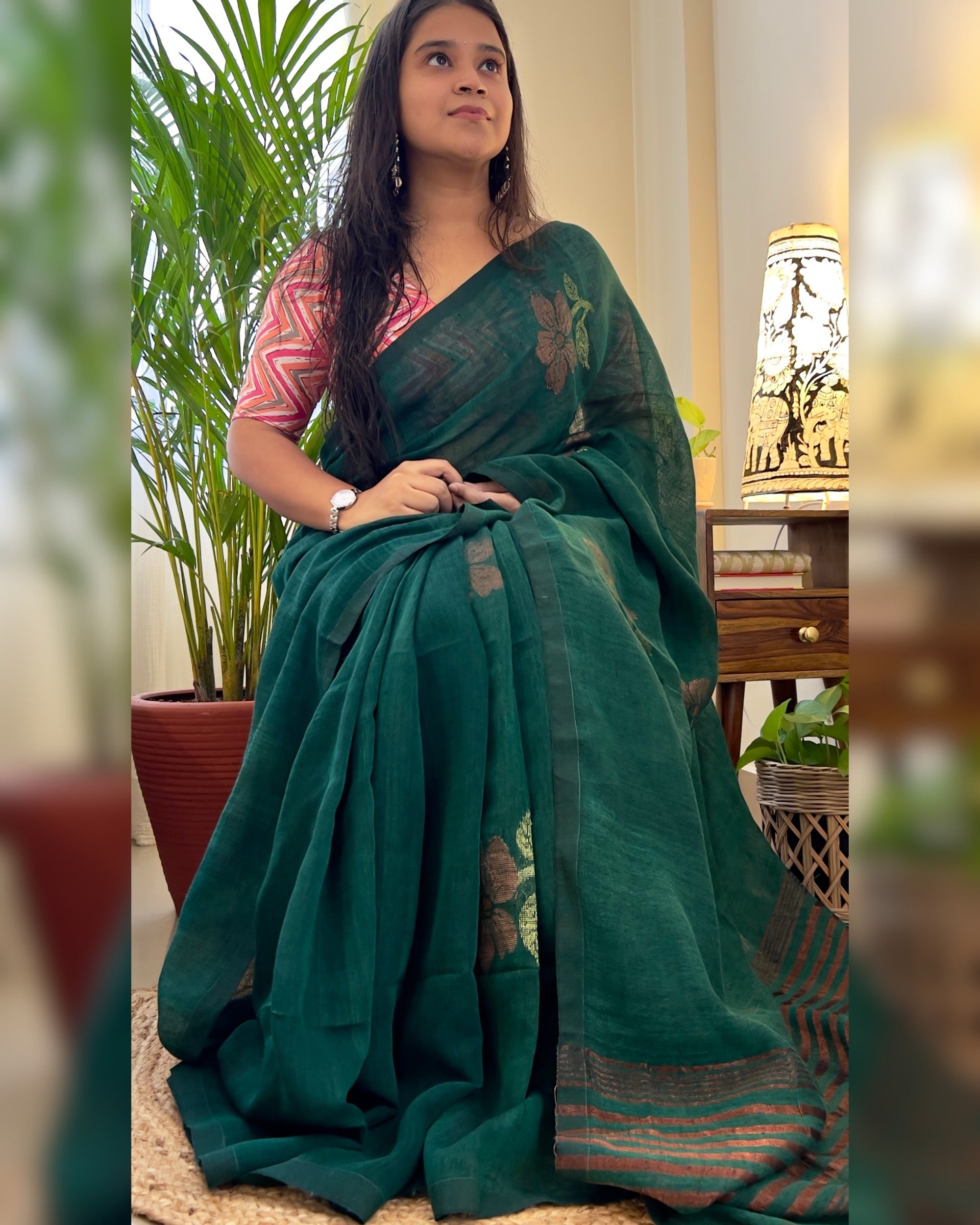 Linen cotton emerald green handloom saree