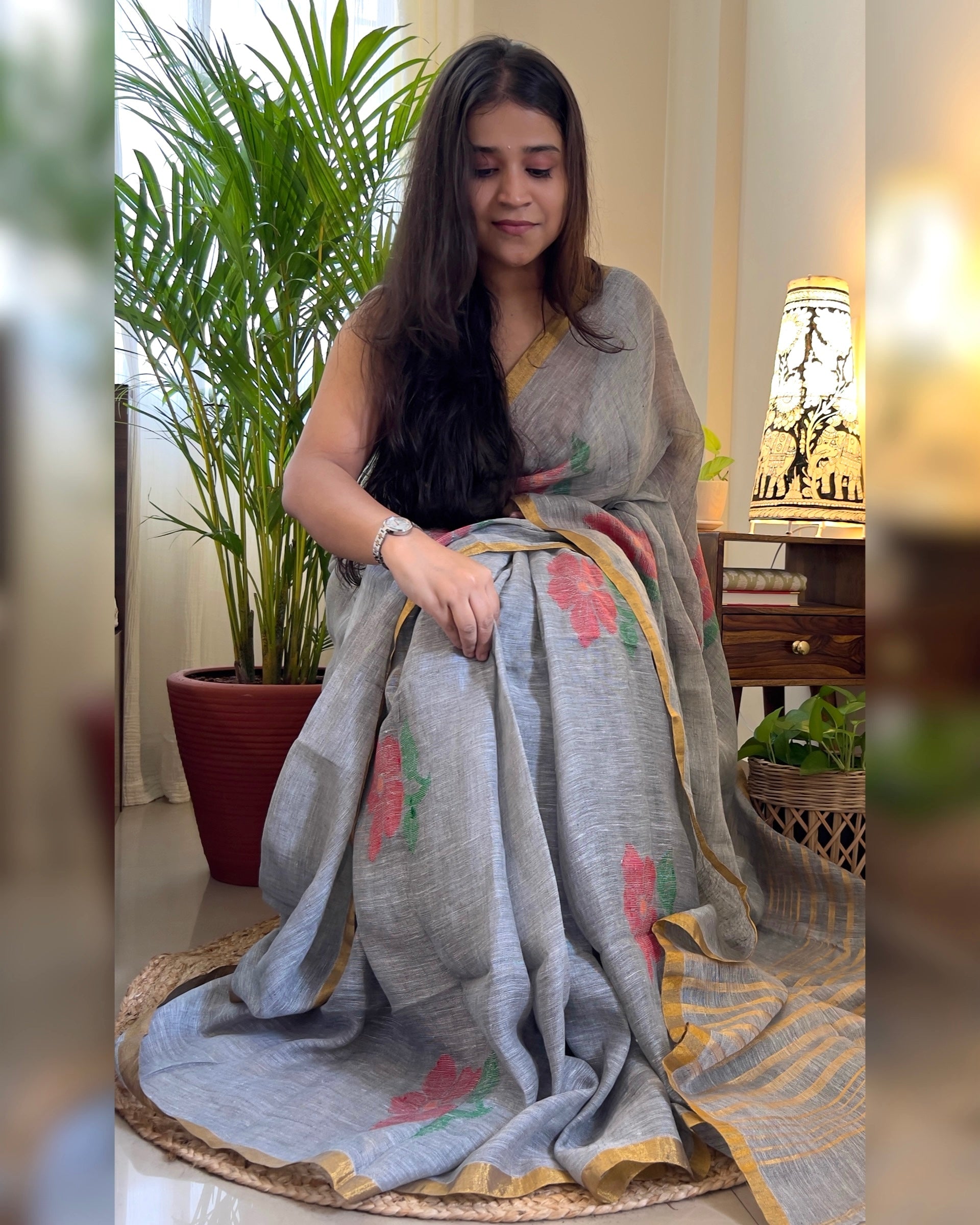 Linen cotton grey saree for festivities with zari