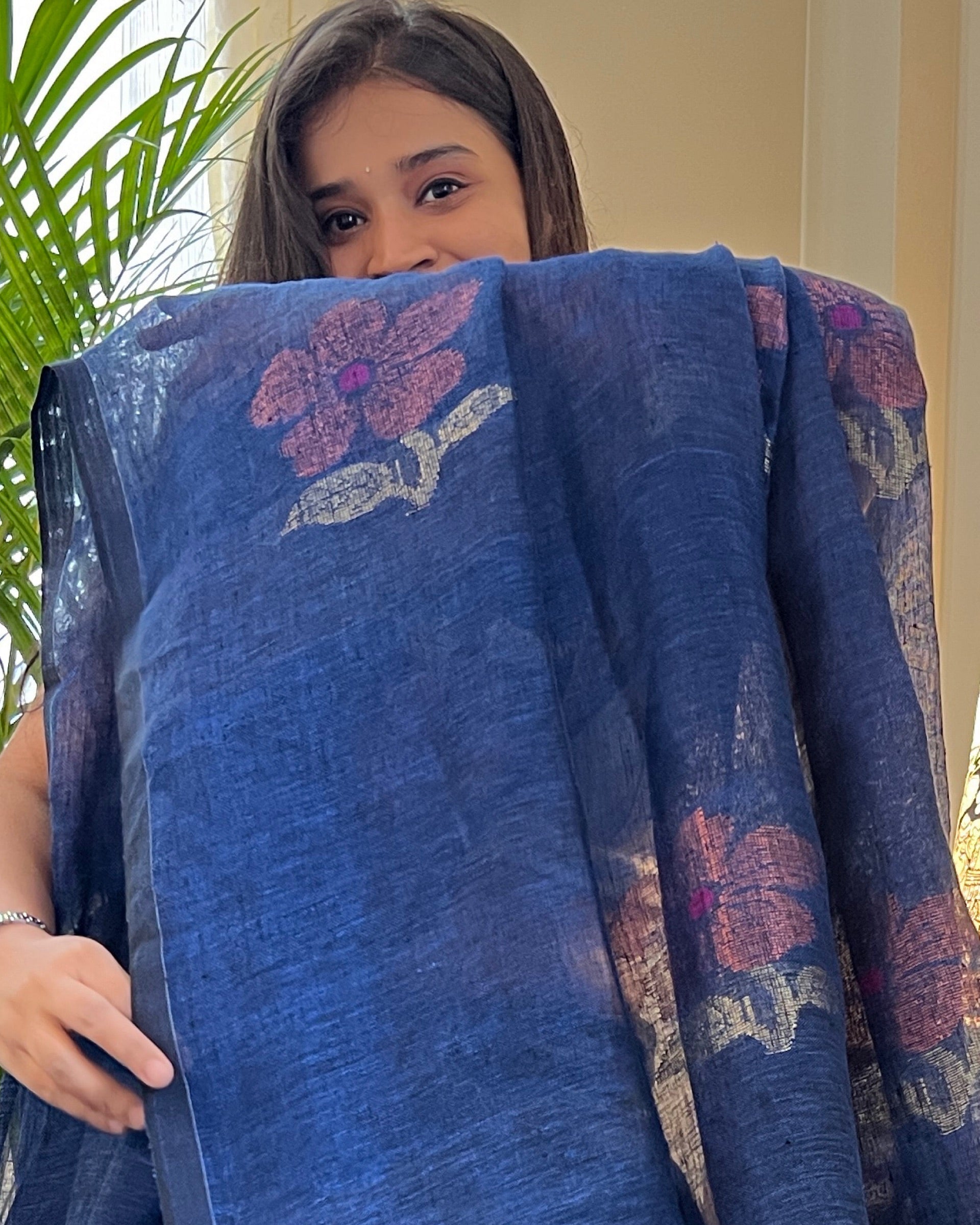 Linen cotton cobalt blue saree for festivities with zari