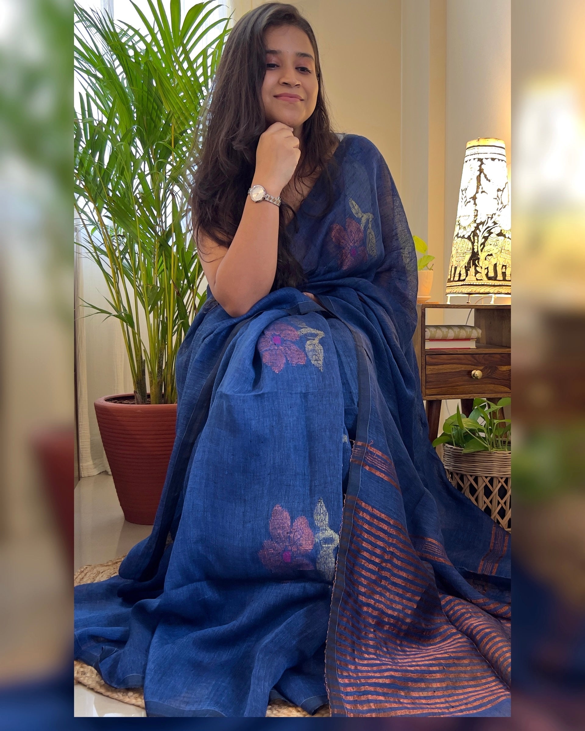 Designer blue linen cotton saree for everyday wear and occasions by Shop AaMe